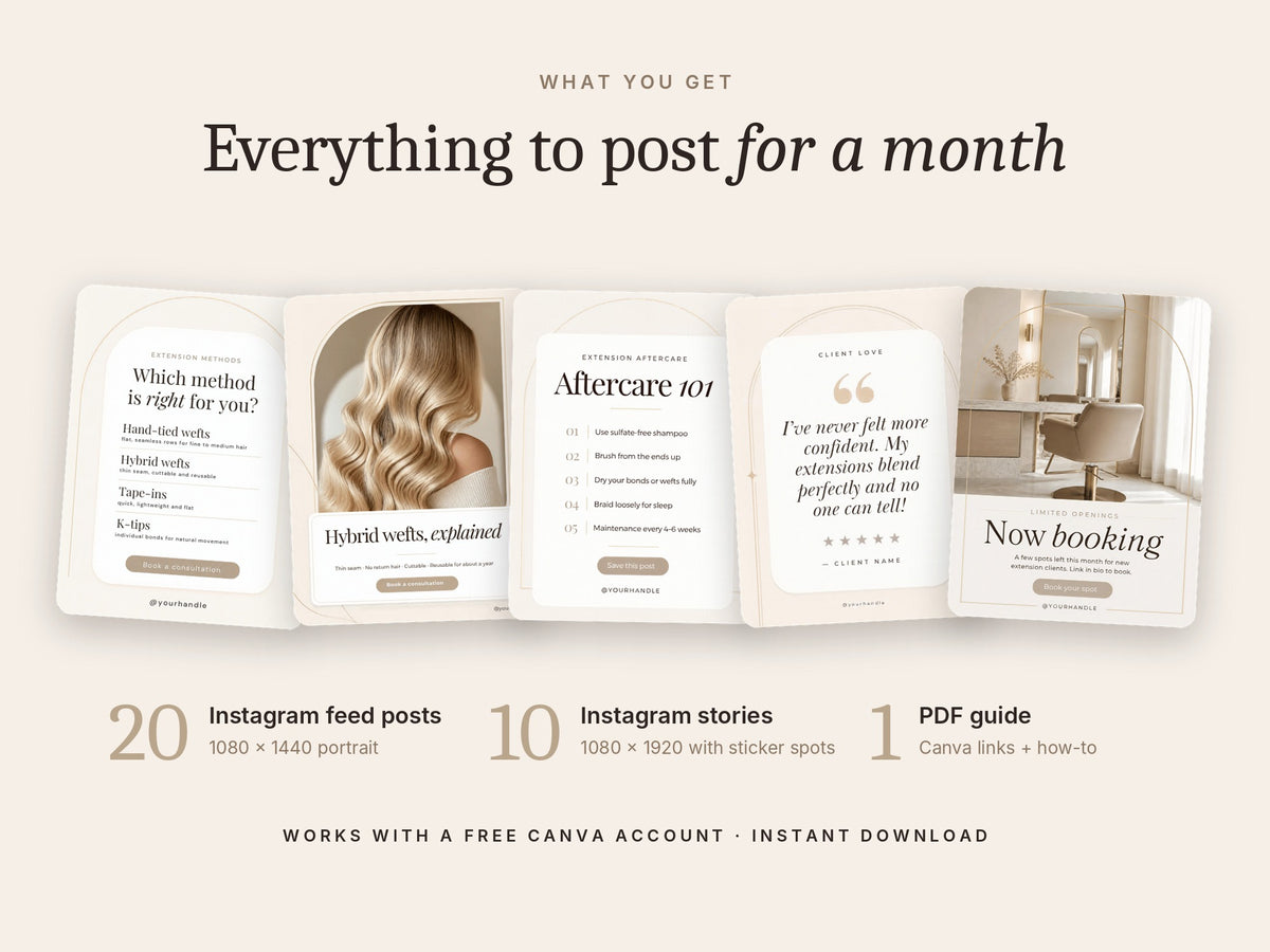 Hair Extension Stylist Instagram Templates – 32 Canva Posts & Stories