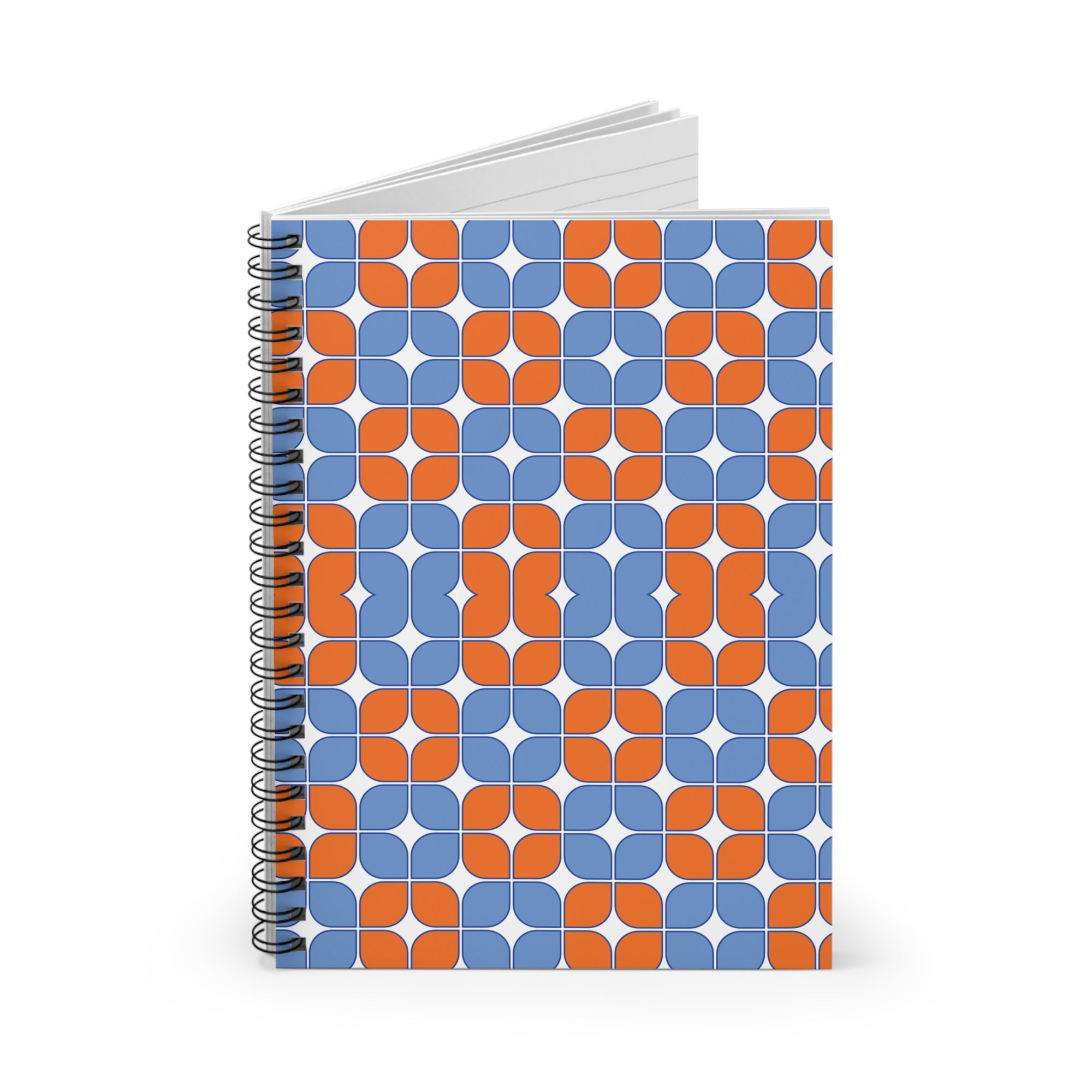 Retro Geometric Spiral Notebook — Orange & Blue Patterned Ruled Journal