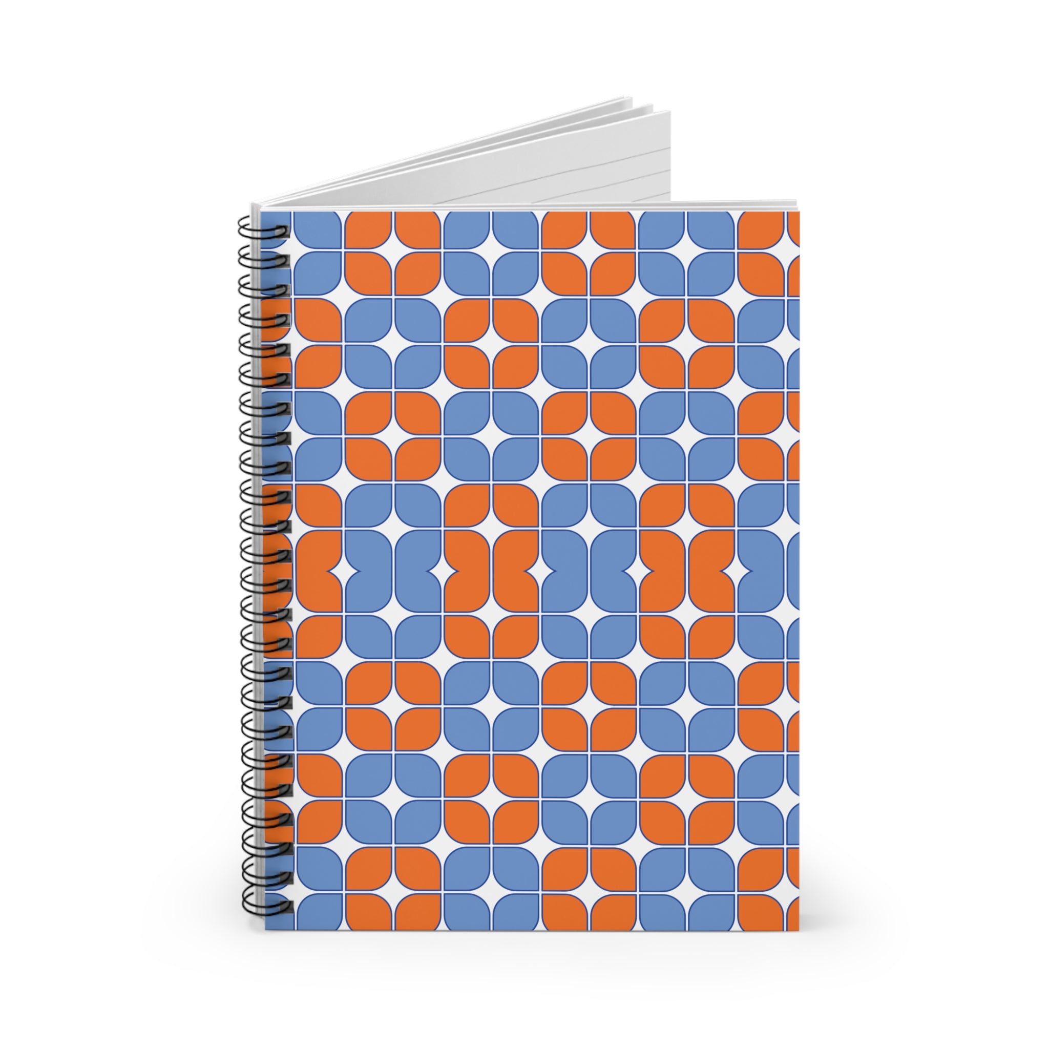 Retro Geometric Spiral Notebook — Orange & Blue Patterned Ruled Journal