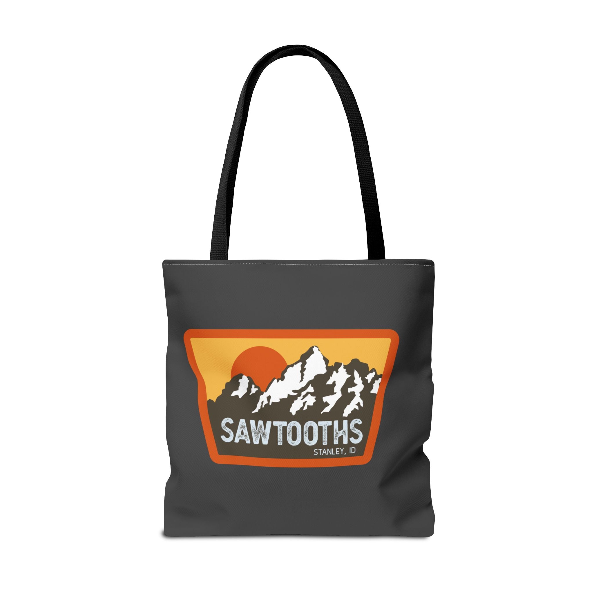 Sawtooths Mountain Tote Bag – Retro Sunset Hiking Graphic Tote