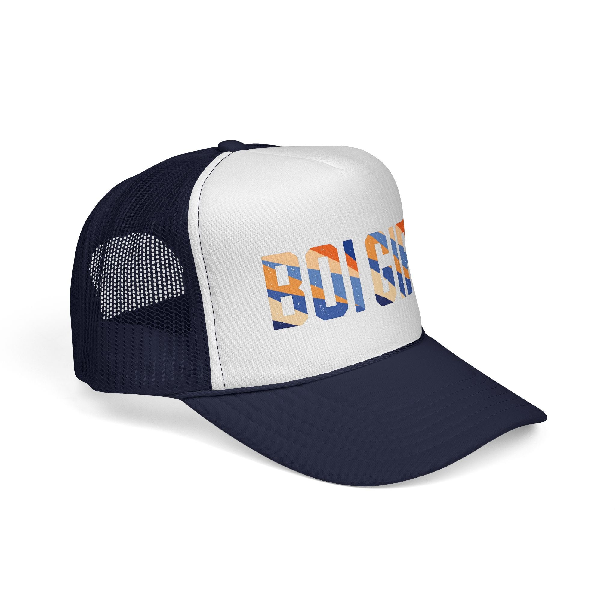 Boi girl Trucker Cap — Retro Blue Stripes Graphic Truckers Hat
