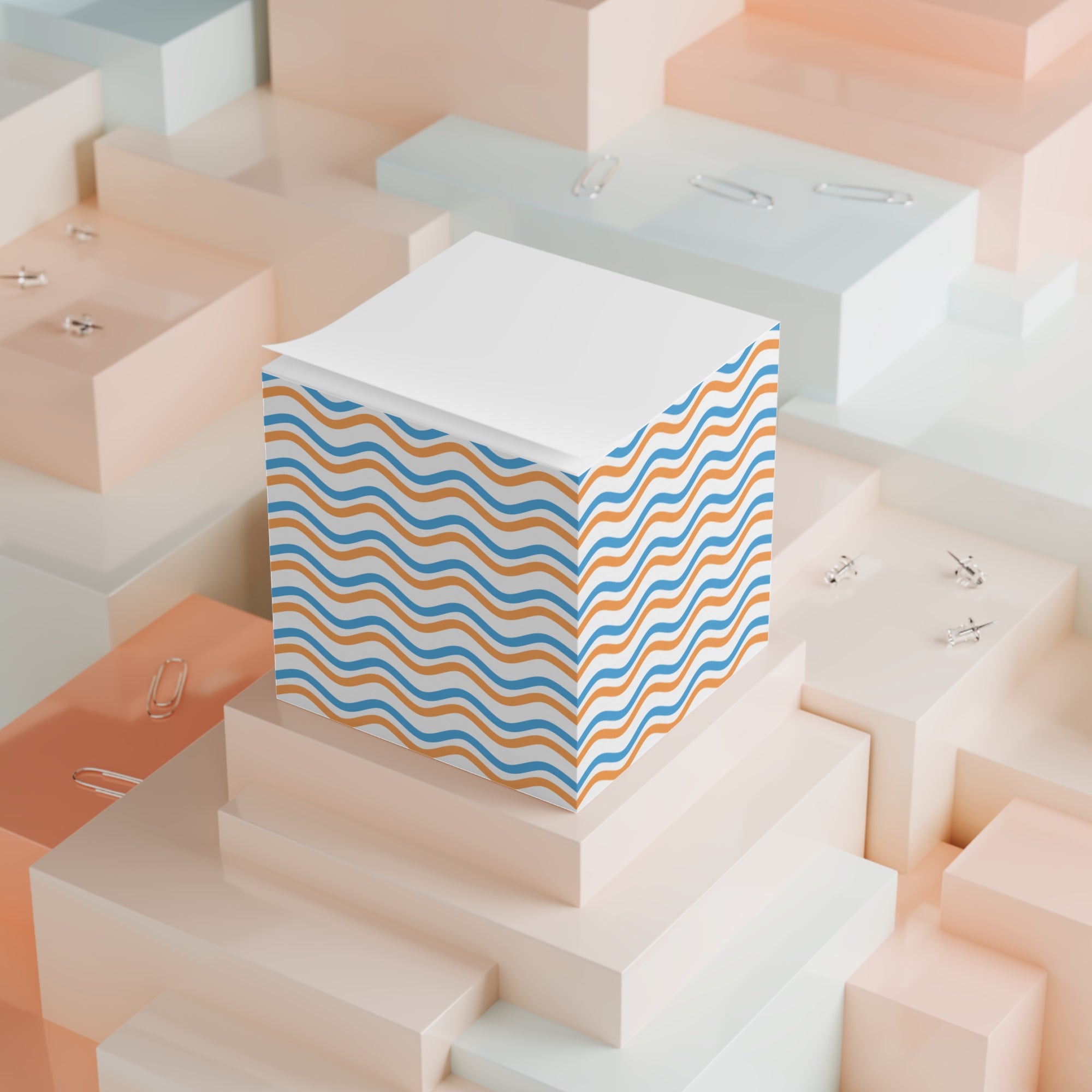 Wavy Stripe Note Cube — Blue & Orange Desk Memo Block