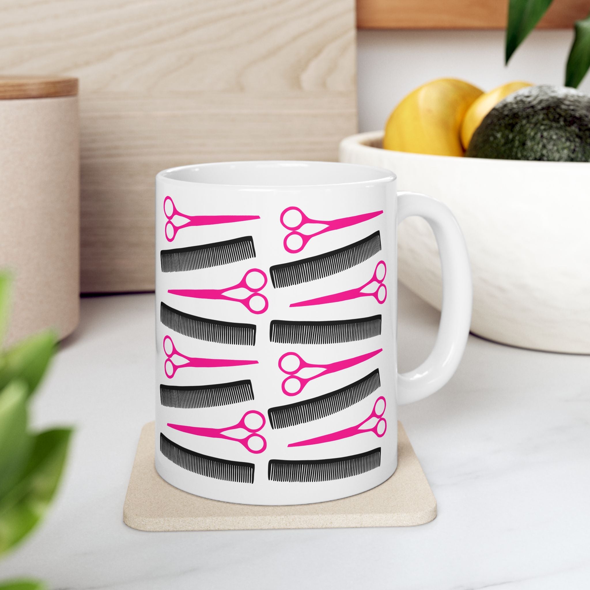 Hair Stylist Coffee Mug — Pink Scissors & Combs Ceramic Mug (11oz/15oz)