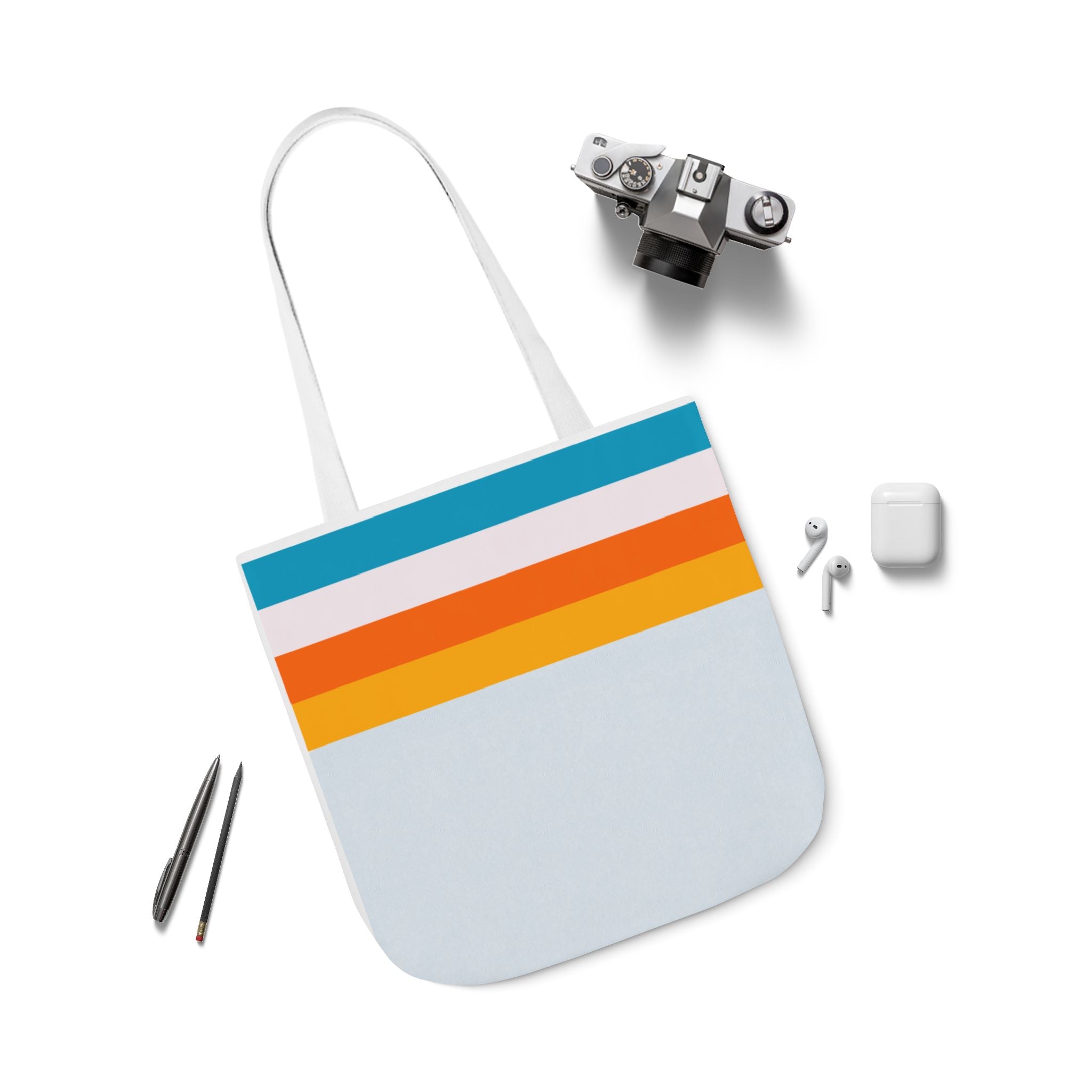 Retro Stripe Canvas Tote Bag — Blue, White, Orange Accent Straps