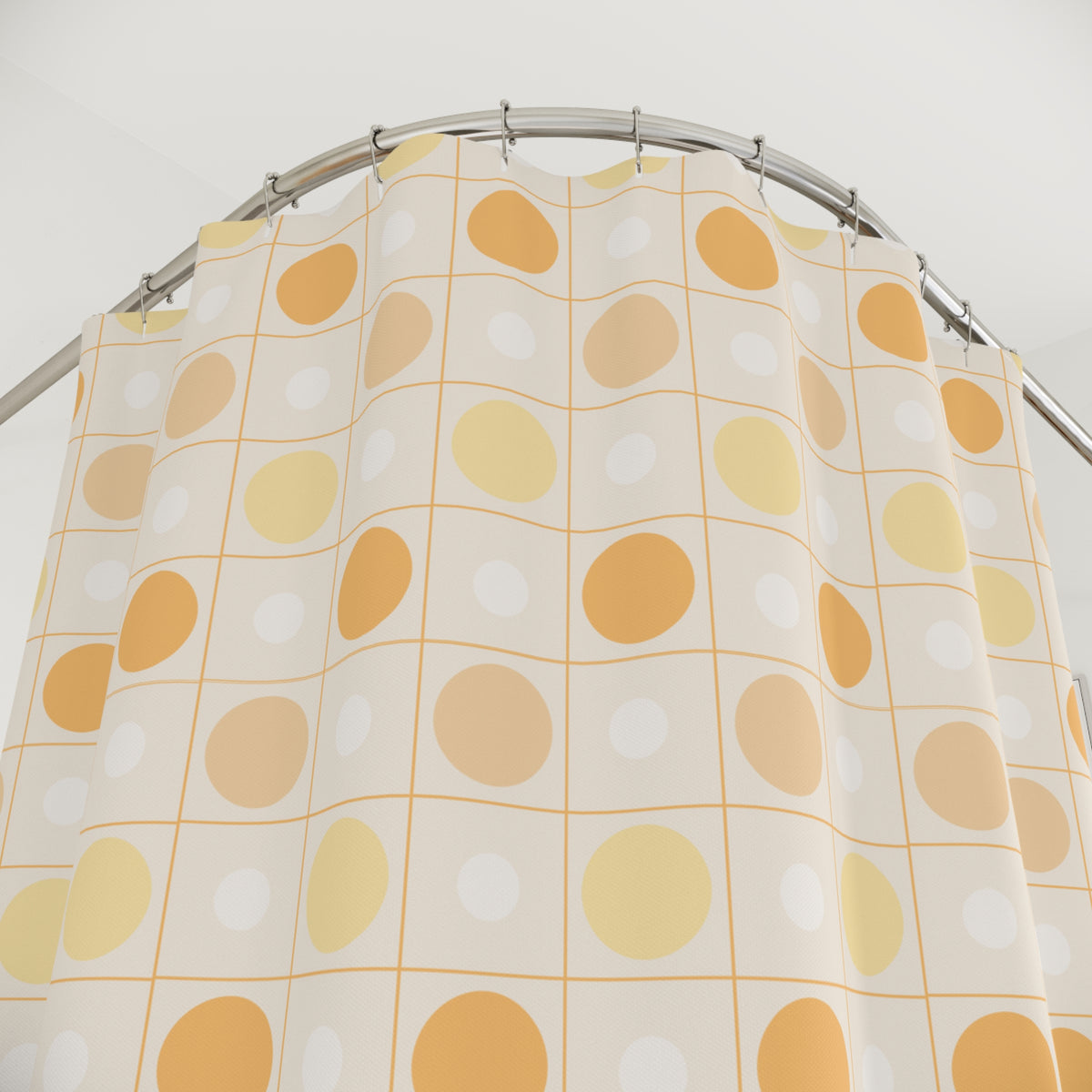 Retro Orange Dot Shower Curtain — Mid-Century Geometric Bathroom Decor