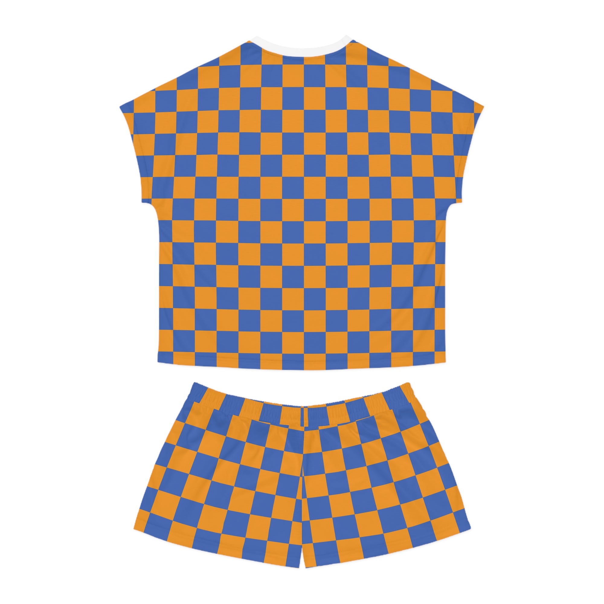 Checkerboard Short Pajama Set — Women's Cozy Blue & Orange Sleepwear