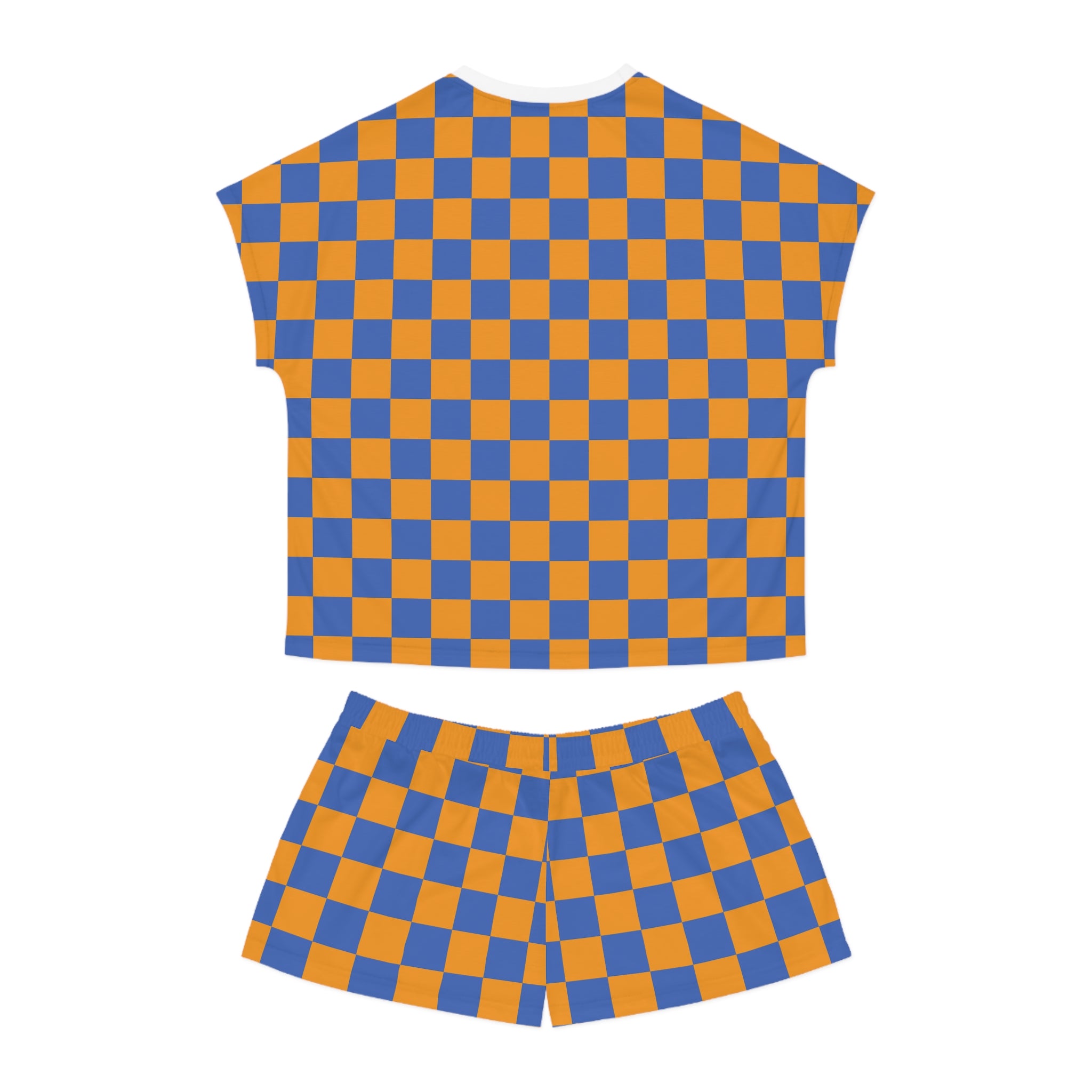 Checkerboard Short Pajama Set — Women's Cozy Blue & Orange Sleepwear