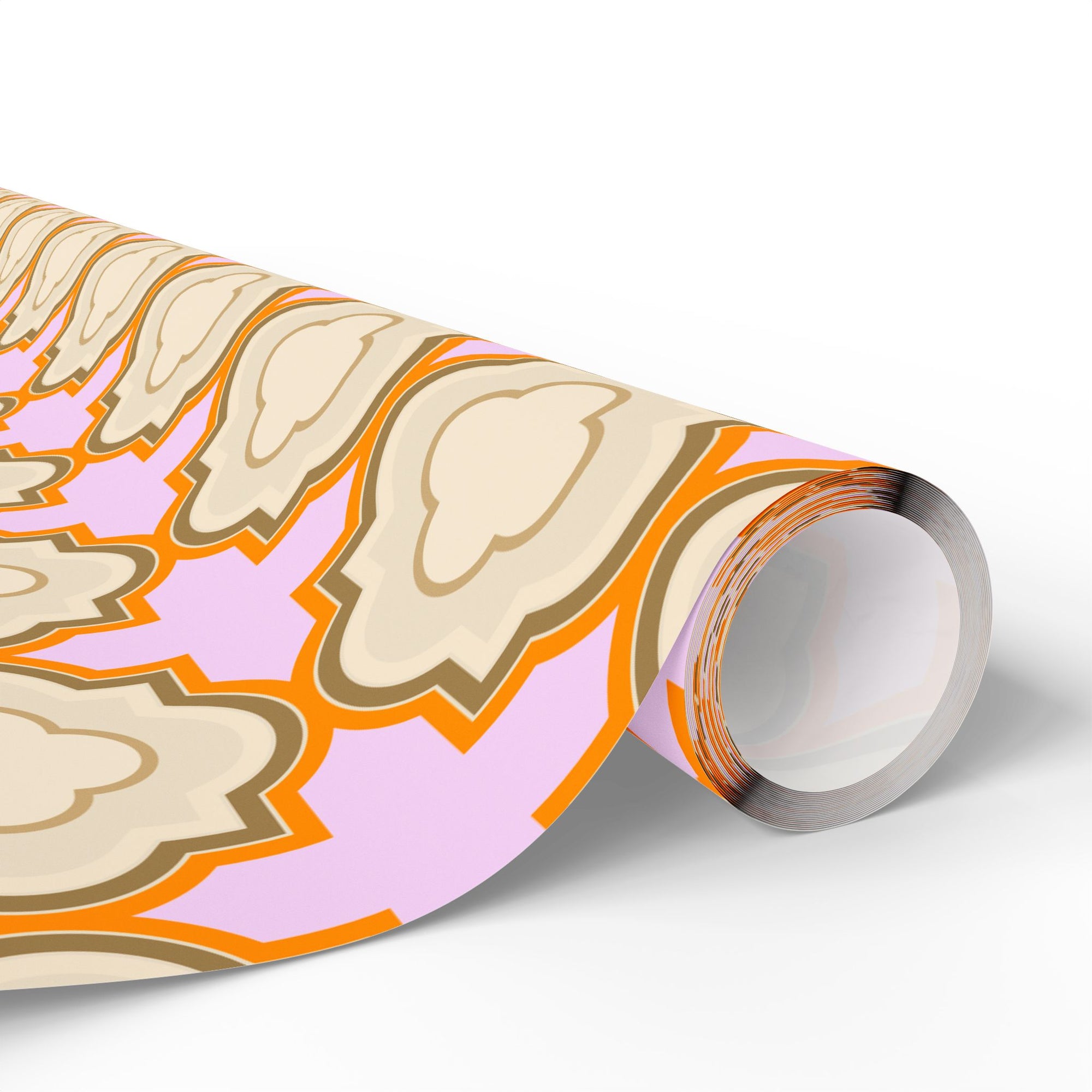Wrapping Paper Roll – Retro Floral Geometric Pattern in Peach & Pink
