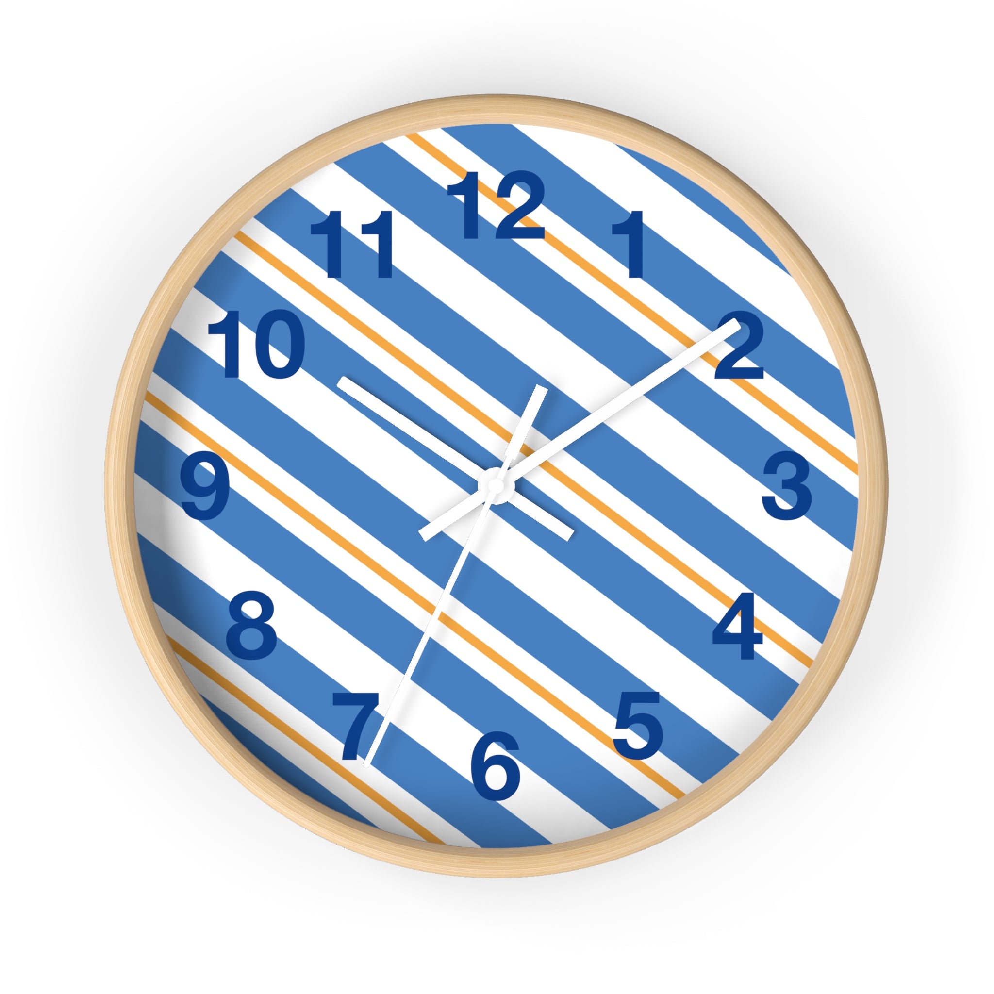 Diagonal Blue & Orange Striped Wall Clock — Modern Nautical Home Decor