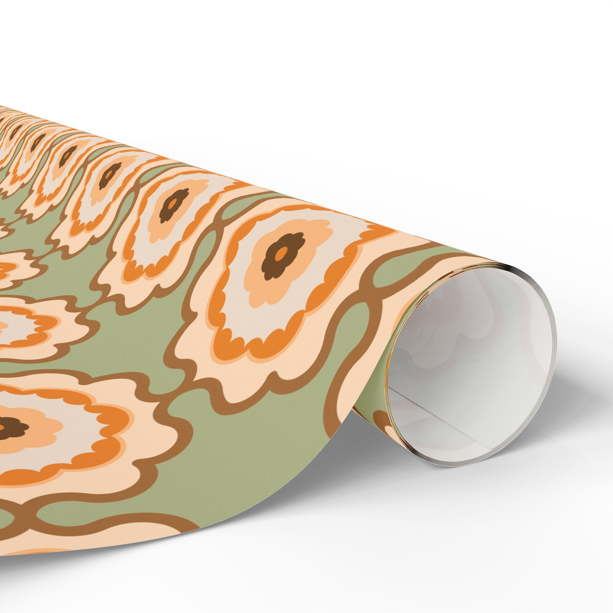 Retro Floral Wrapping Paper Roll — Vintage Orange & Olive Gift Wrap