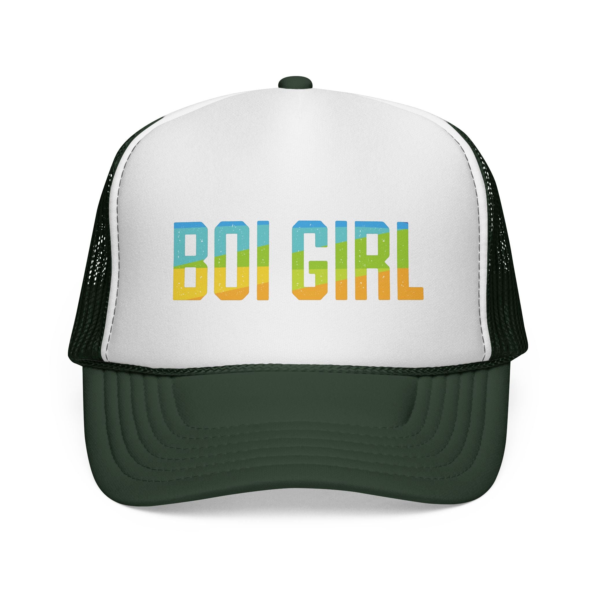 Boi Girl Trucker Cap – Retro Rainbow Text Mesh Hat