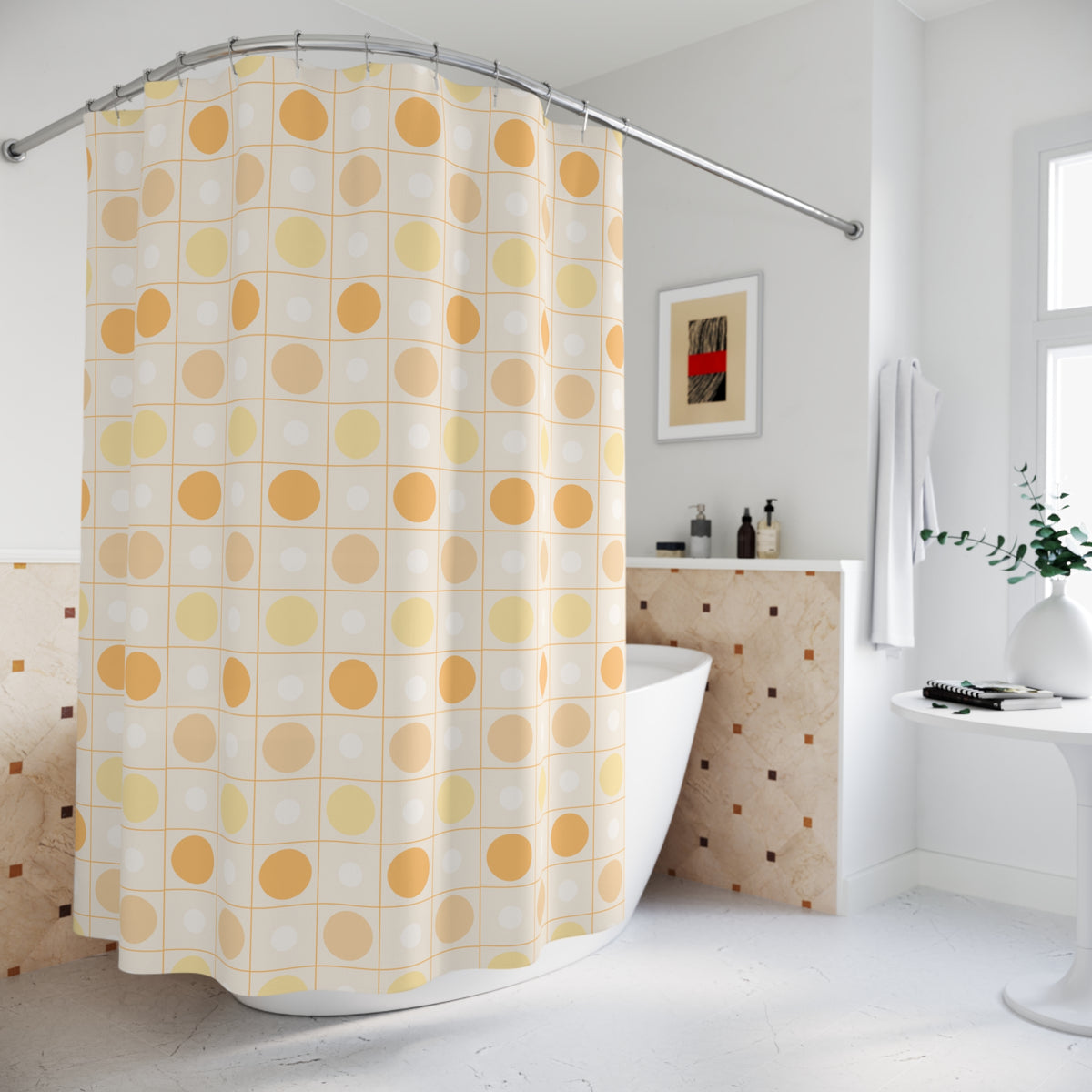 Retro Orange Dot Shower Curtain — Mid-Century Geometric Bathroom Decor