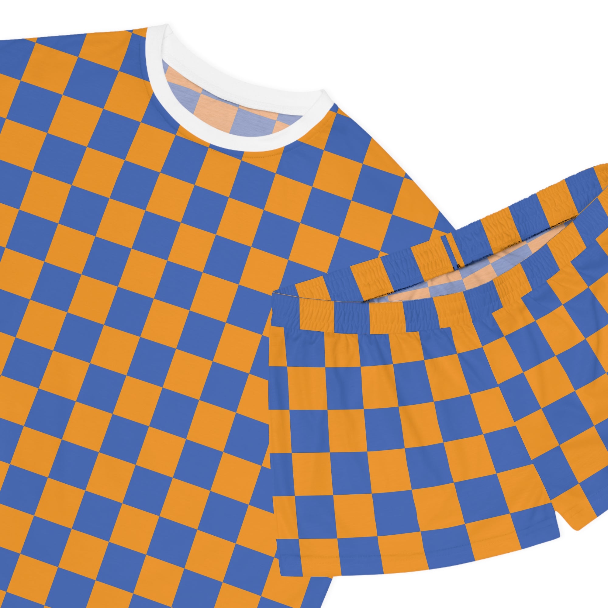 Checkerboard Short Pajama Set — Women's Cozy Blue & Orange Sleepwear