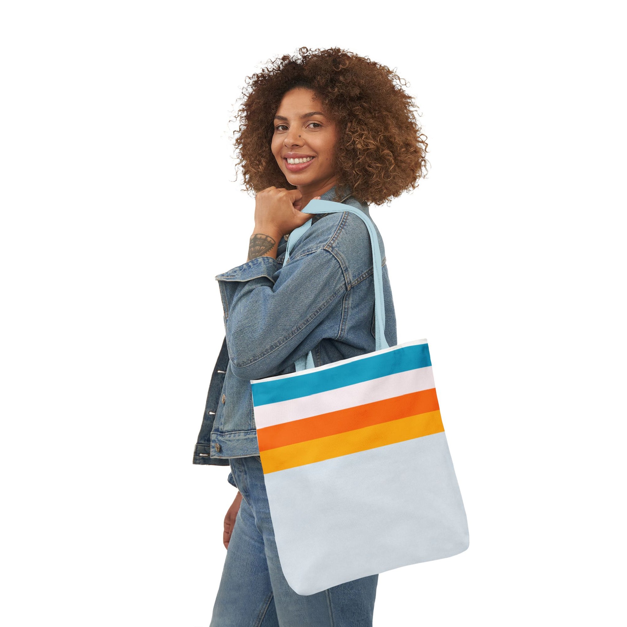 Retro Stripe Canvas Tote Bag — Blue, White, Orange Accent Straps
