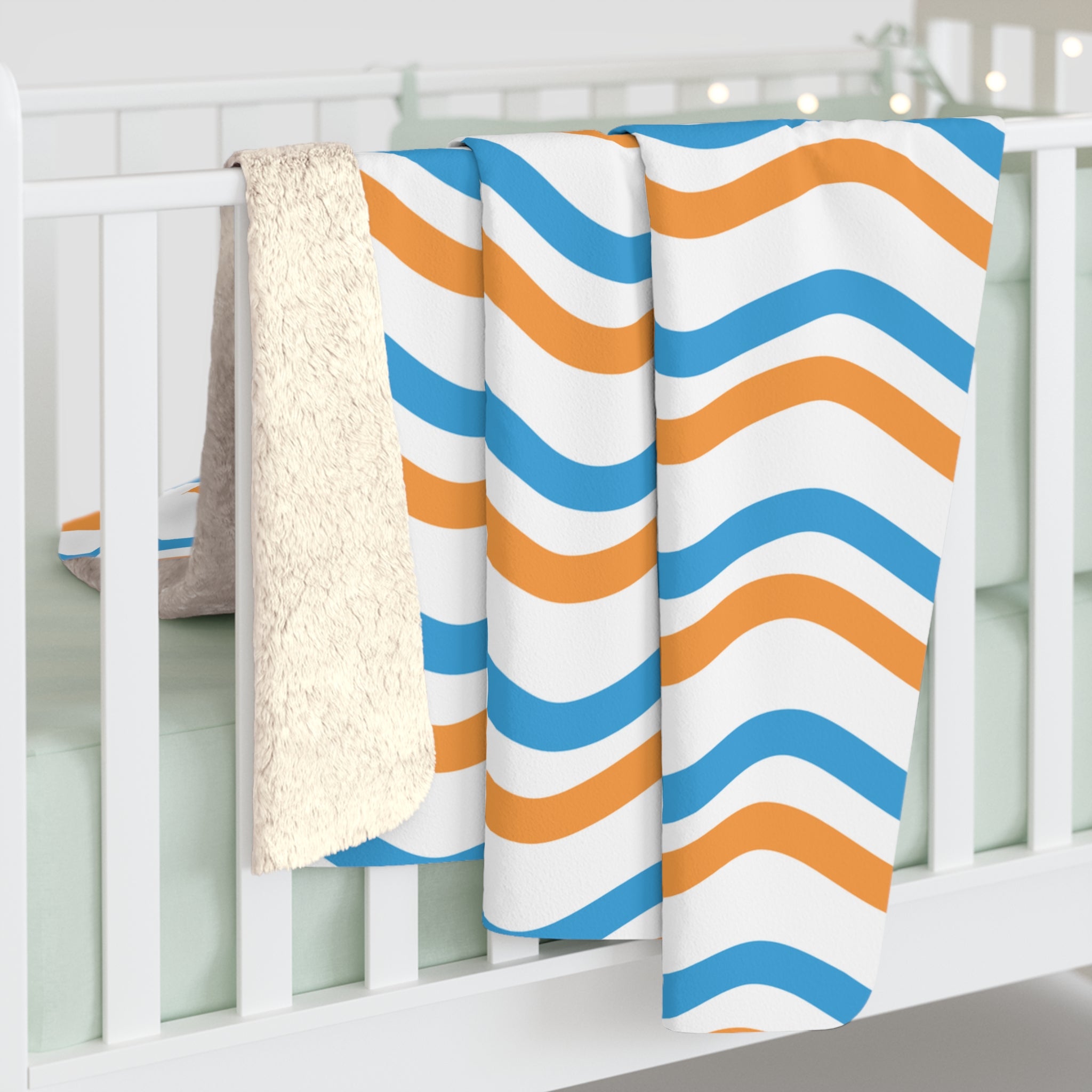 Bronco Cozy Wave Sherpa Fleece Blanket — Blue & Orange Wavy Stripe Throw
