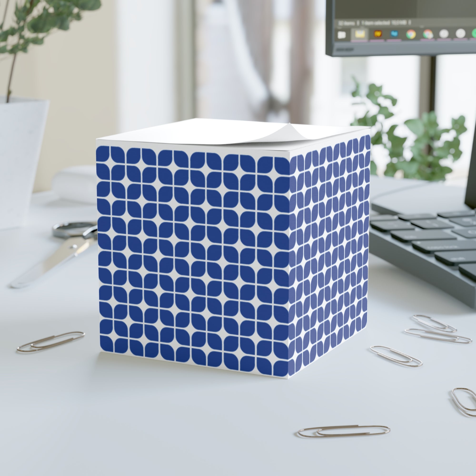 Blue Geometric Note Cube – Patterned Sticky Memo Block