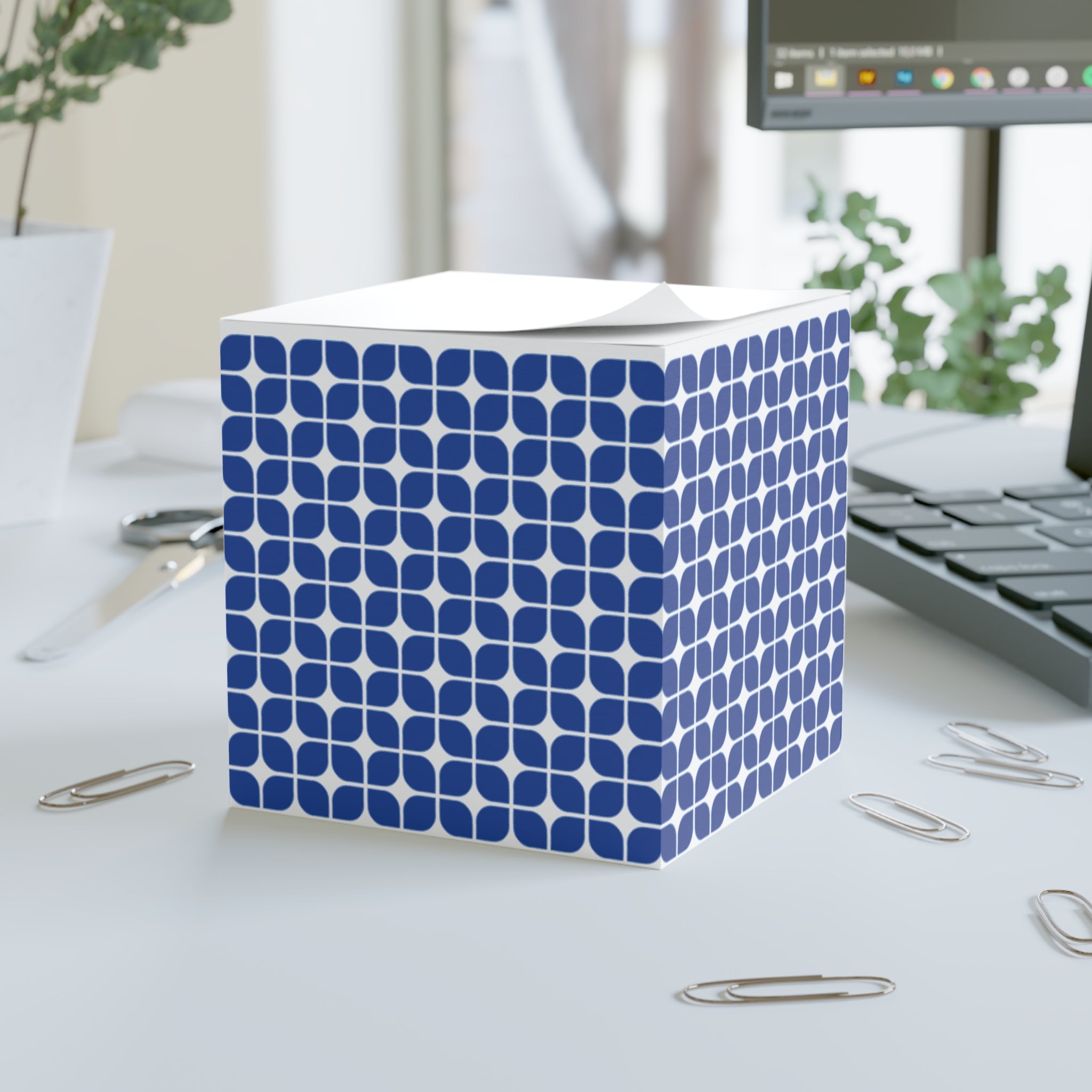 Blue Geometric Note Cube – Patterned Sticky Memo Block