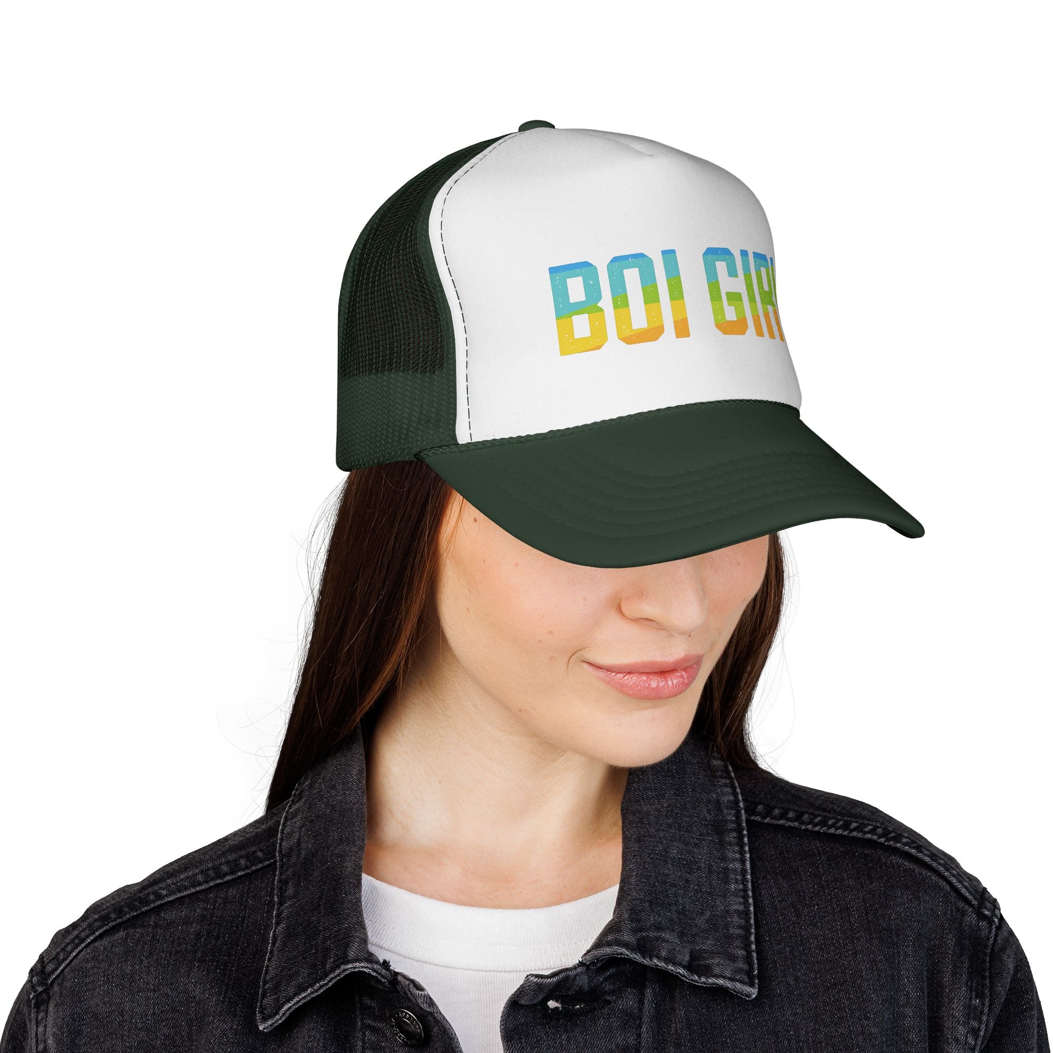 Boi Girl Trucker Cap – Retro Rainbow Text Mesh Hat