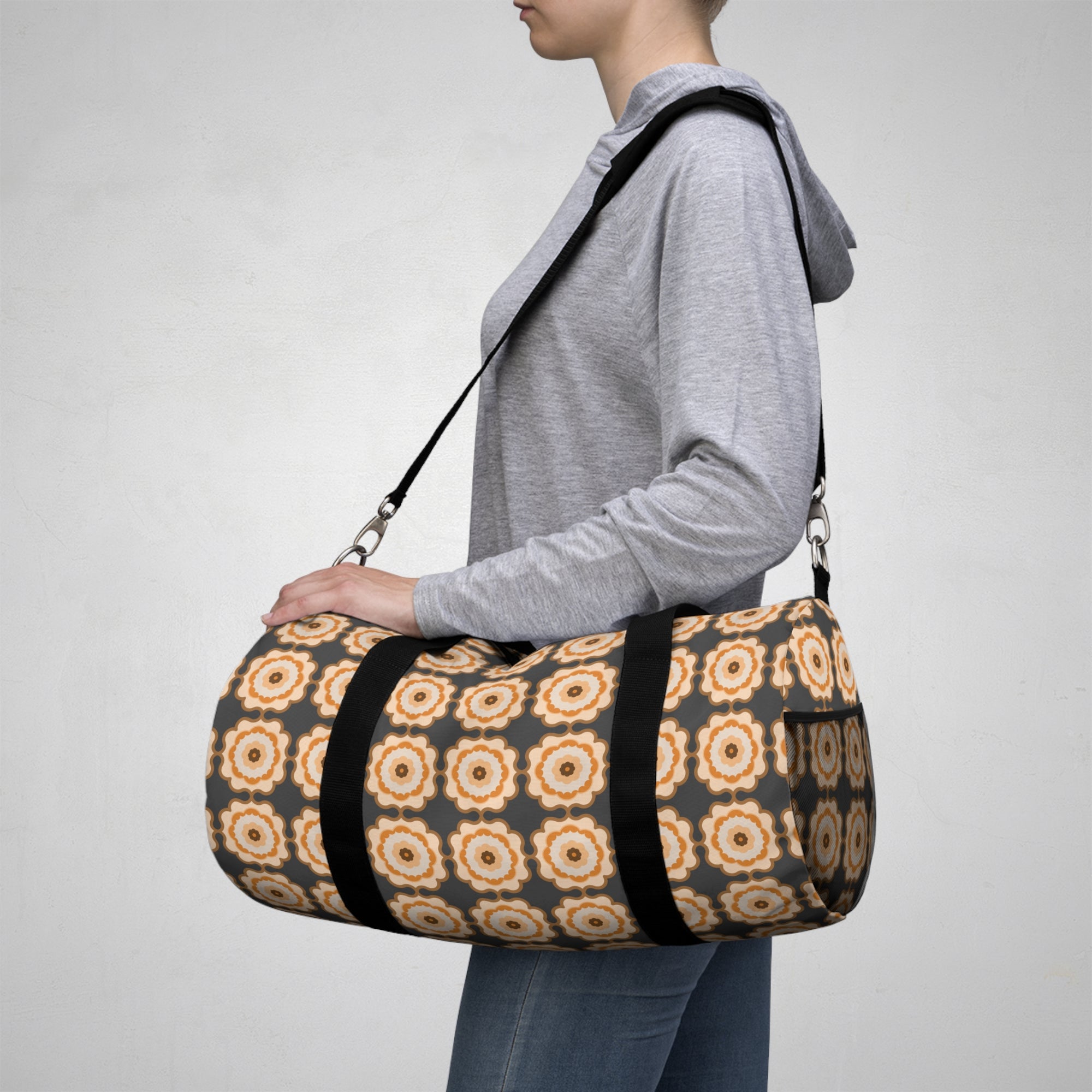 Retro Floral Pattern Duffel Bag – Beige Brown Boho Travel Gym Tote