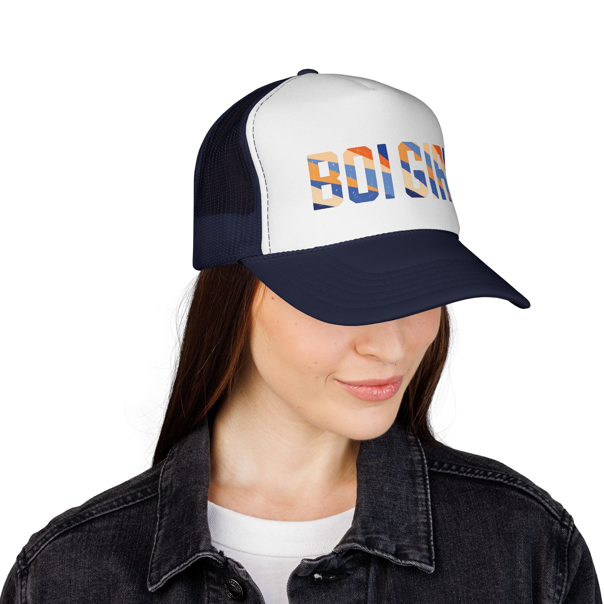 Boi girl Trucker Cap — Retro Blue Stripes Graphic Truckers Hat