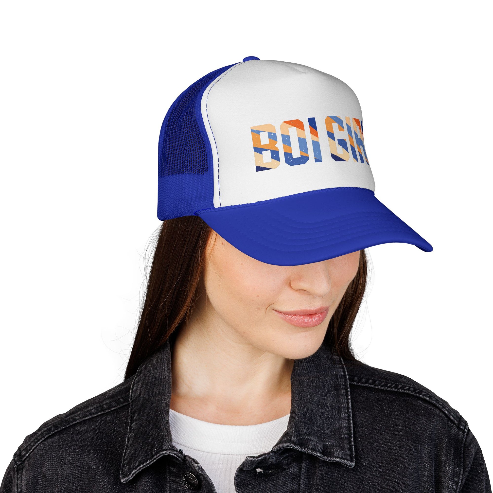 Boi girl Trucker Cap — Retro Blue Stripes Graphic Truckers Hat