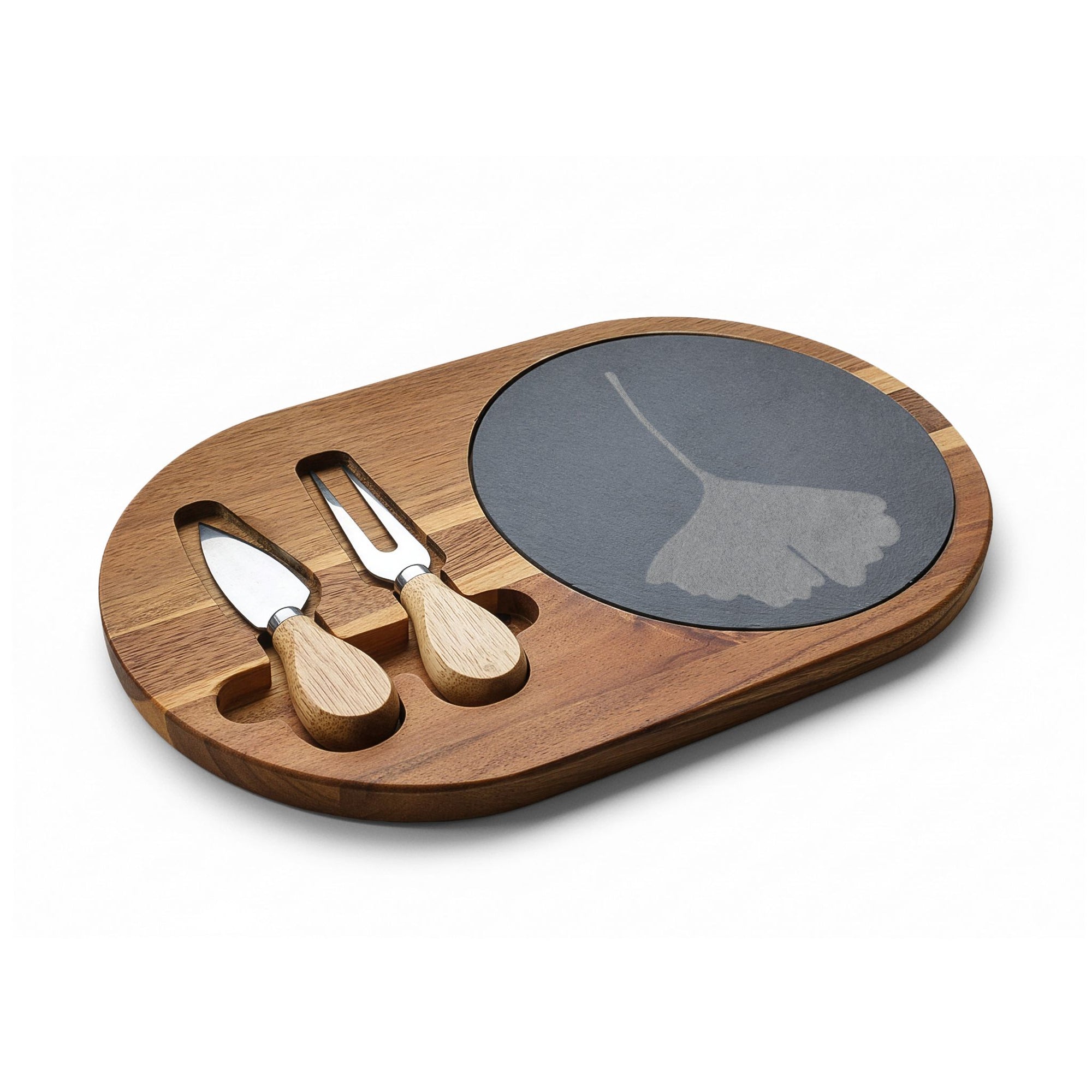Engraved Ginkgo Charcuterie Board with Slate Inlay & Cheese Knives