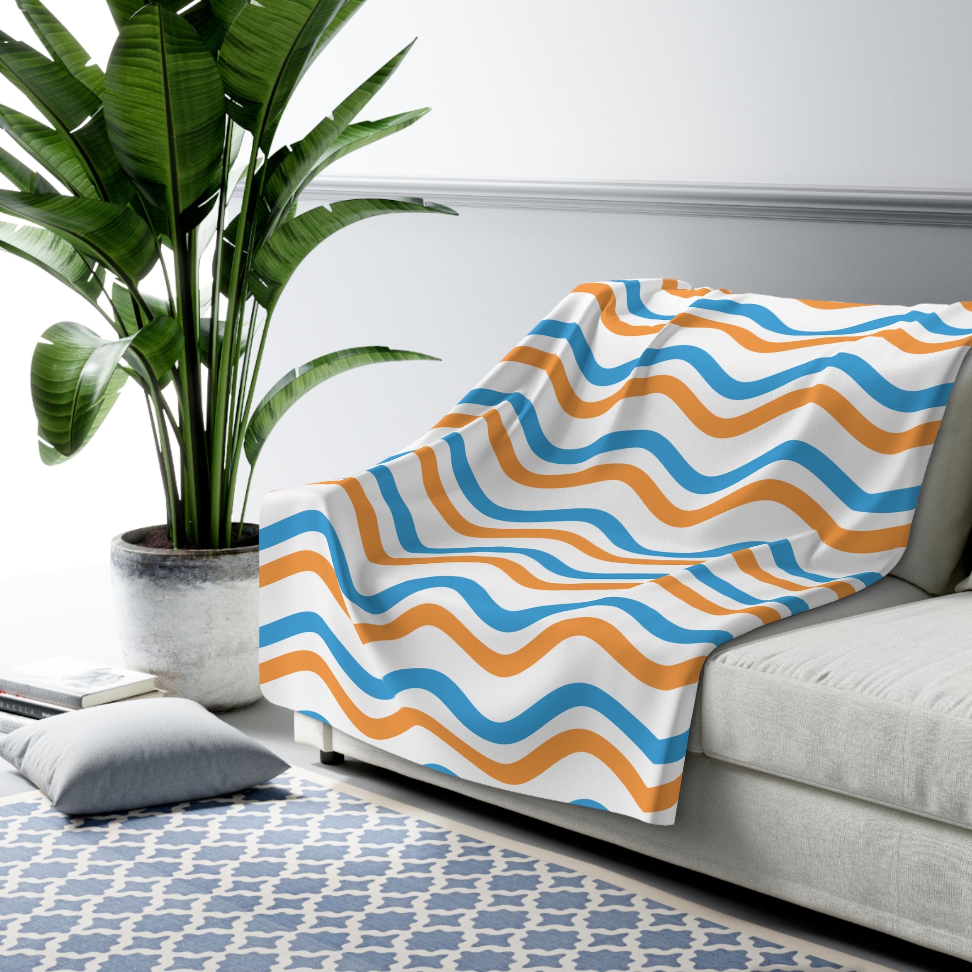 Bronco Cozy Wave Sherpa Fleece Blanket — Blue & Orange Wavy Stripe Throw