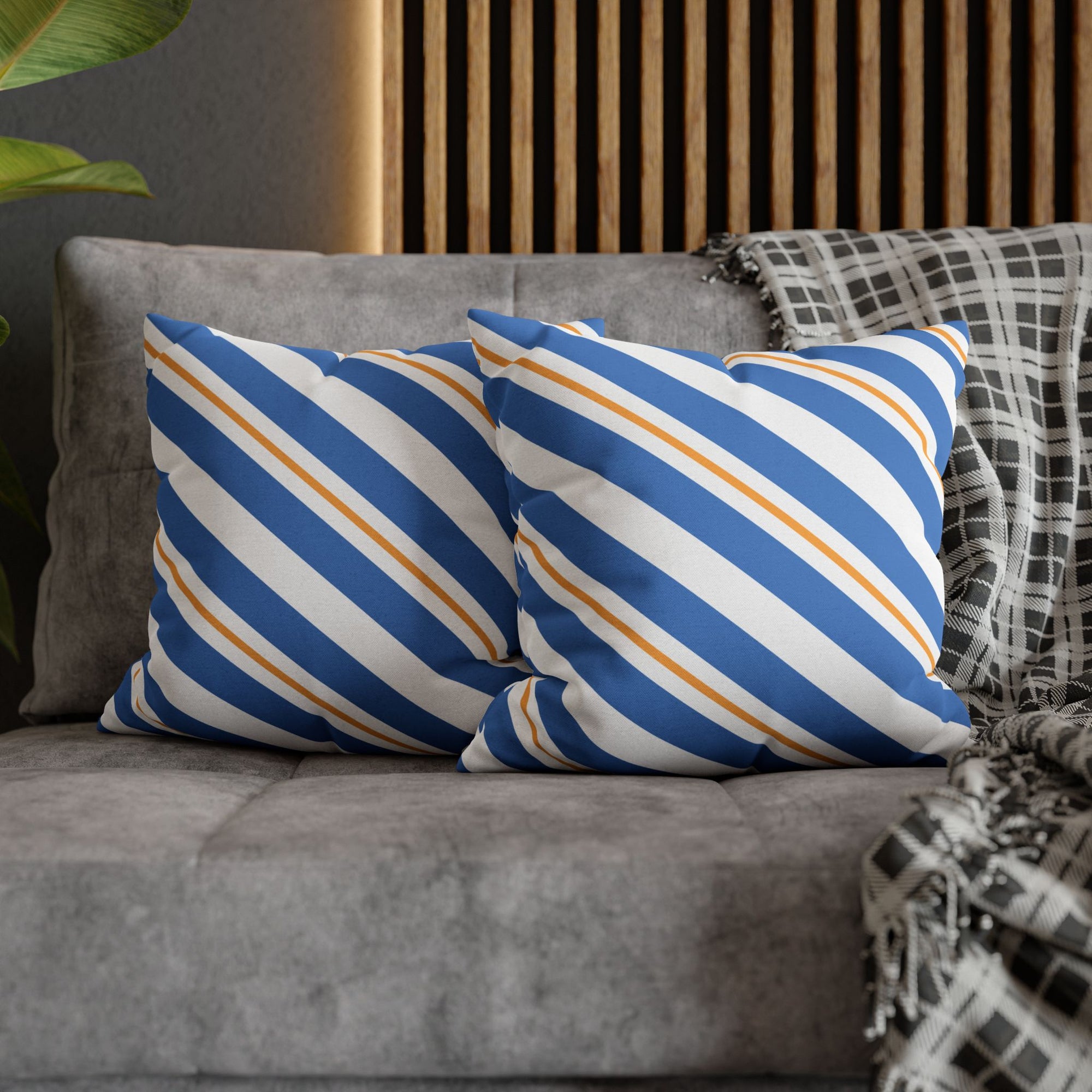 Striped Blue & Gold Decorative Pillowcase — Coastal Accent Square Pillow