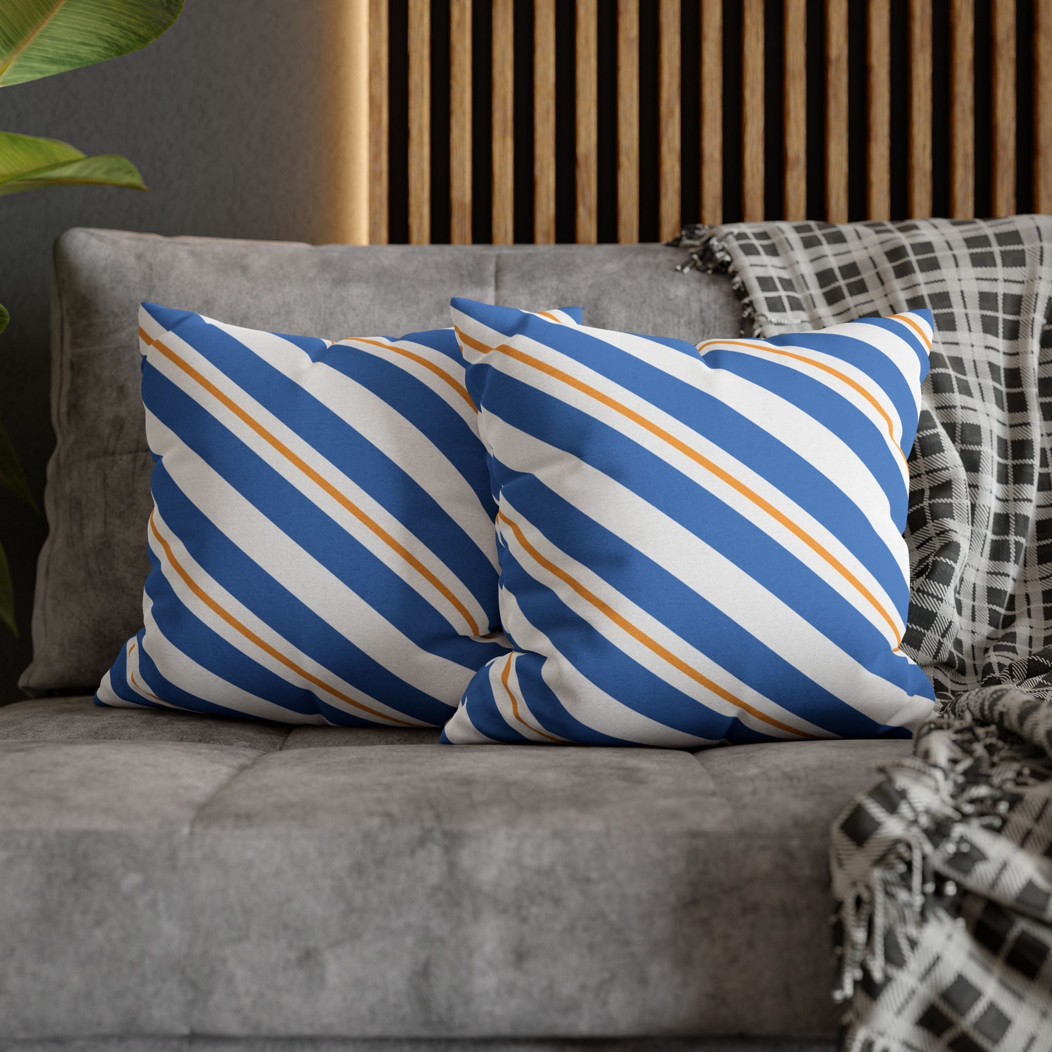 Striped Blue & Gold Decorative Pillowcase — Coastal Accent Square Pillow