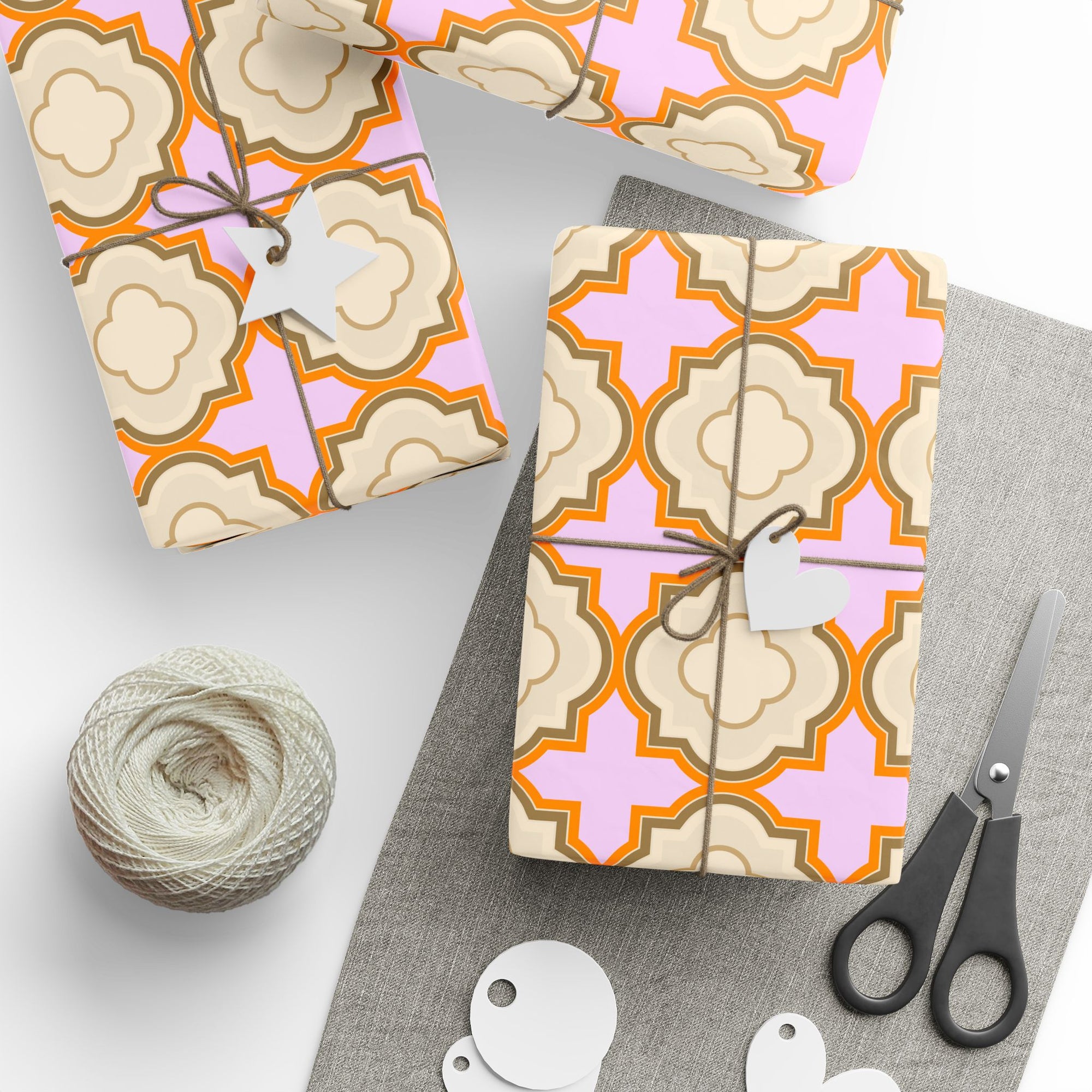 Wrapping Paper Roll – Retro Floral Geometric Pattern in Peach & Pink