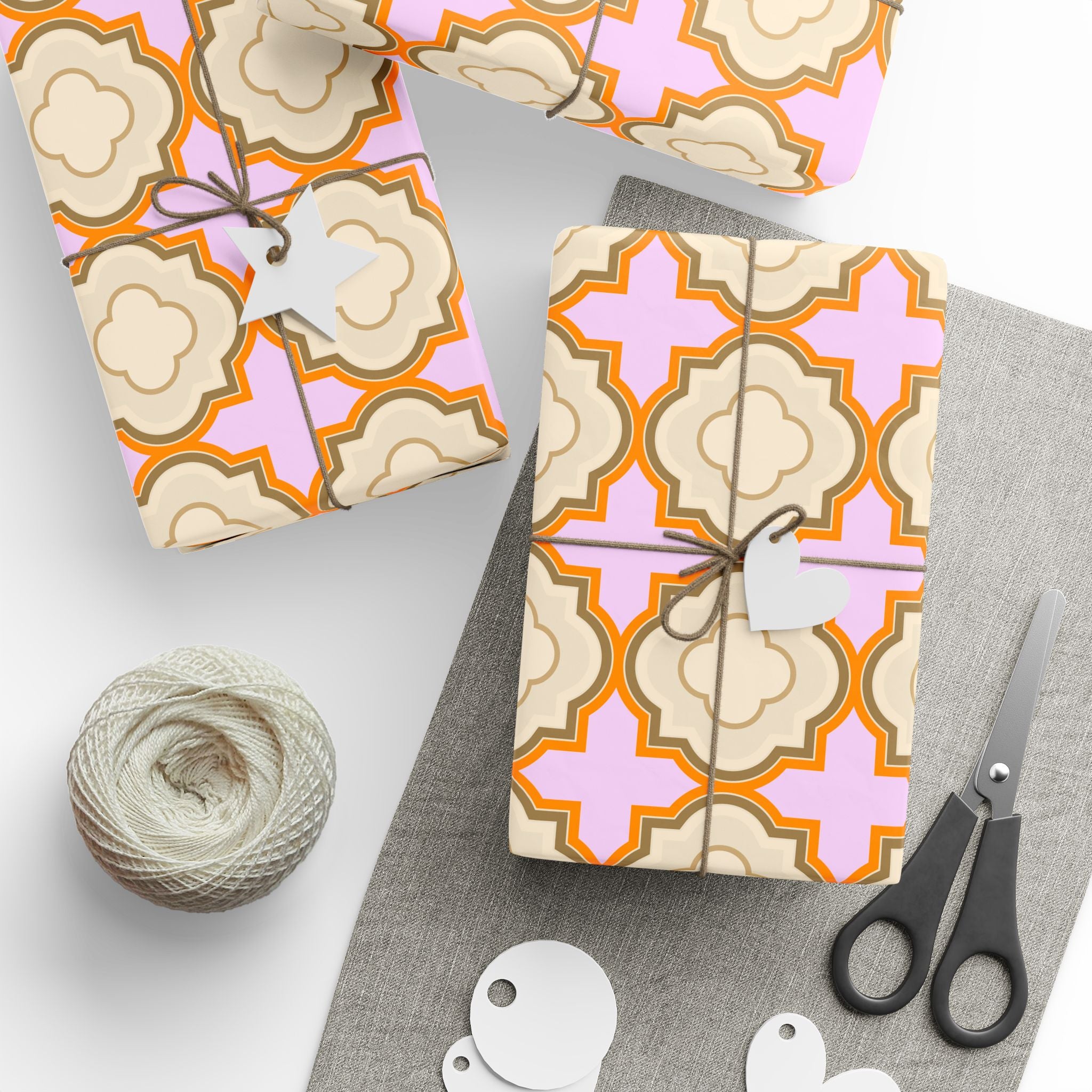 Wrapping Paper Roll – Retro Floral Geometric Pattern in Peach & Pink