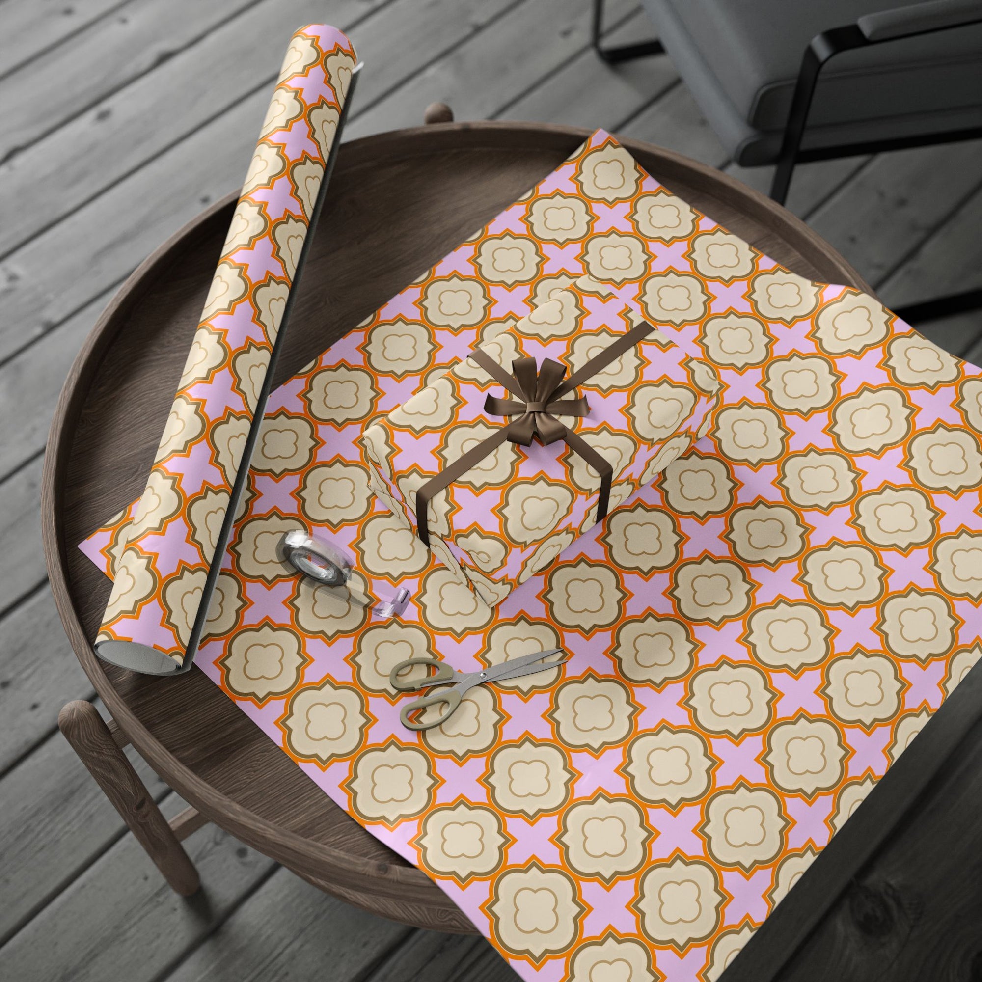 Wrapping Paper Roll – Retro Floral Geometric Pattern in Peach & Pink