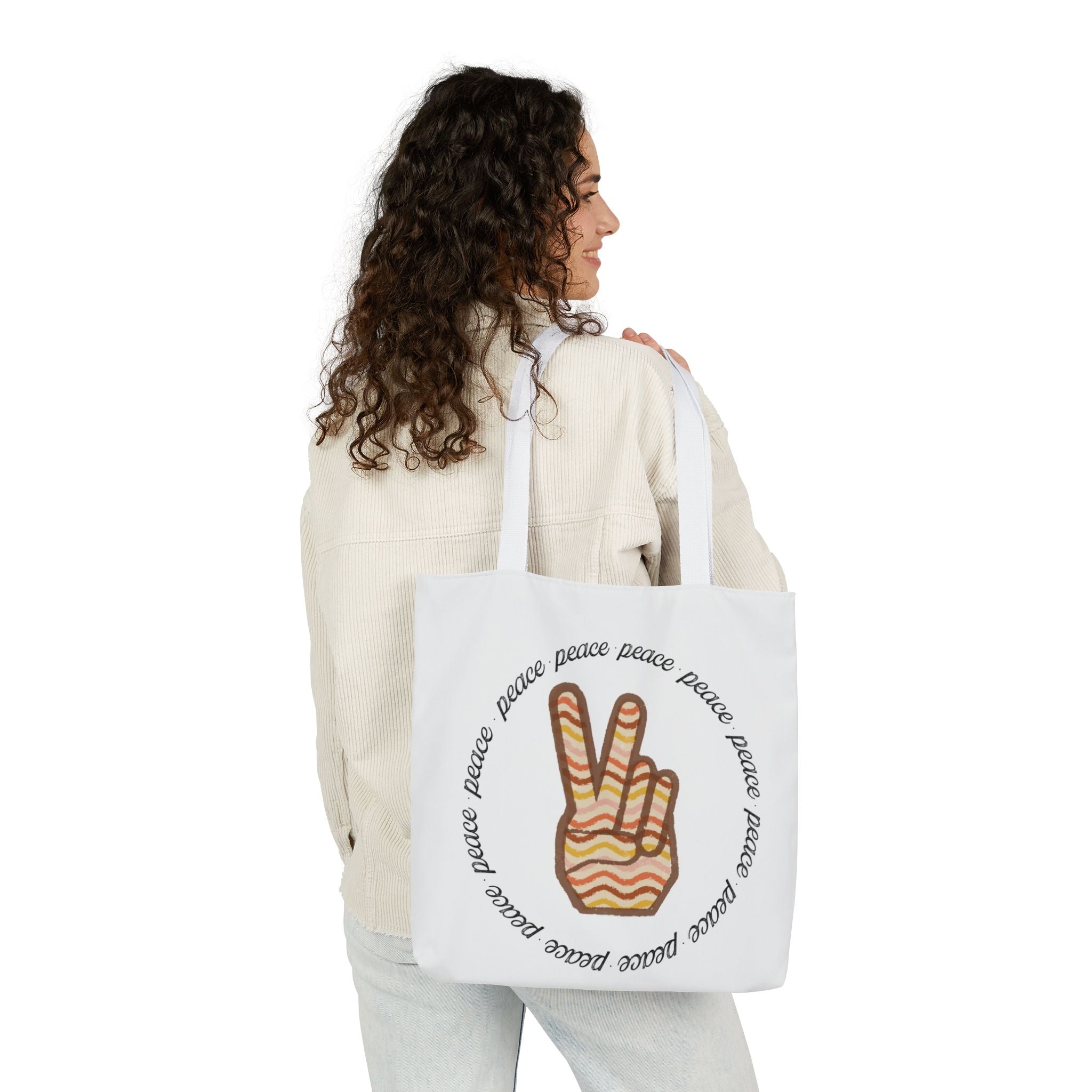 Peace Sign Canvas Tote — Retro Striped Peace Hand Design