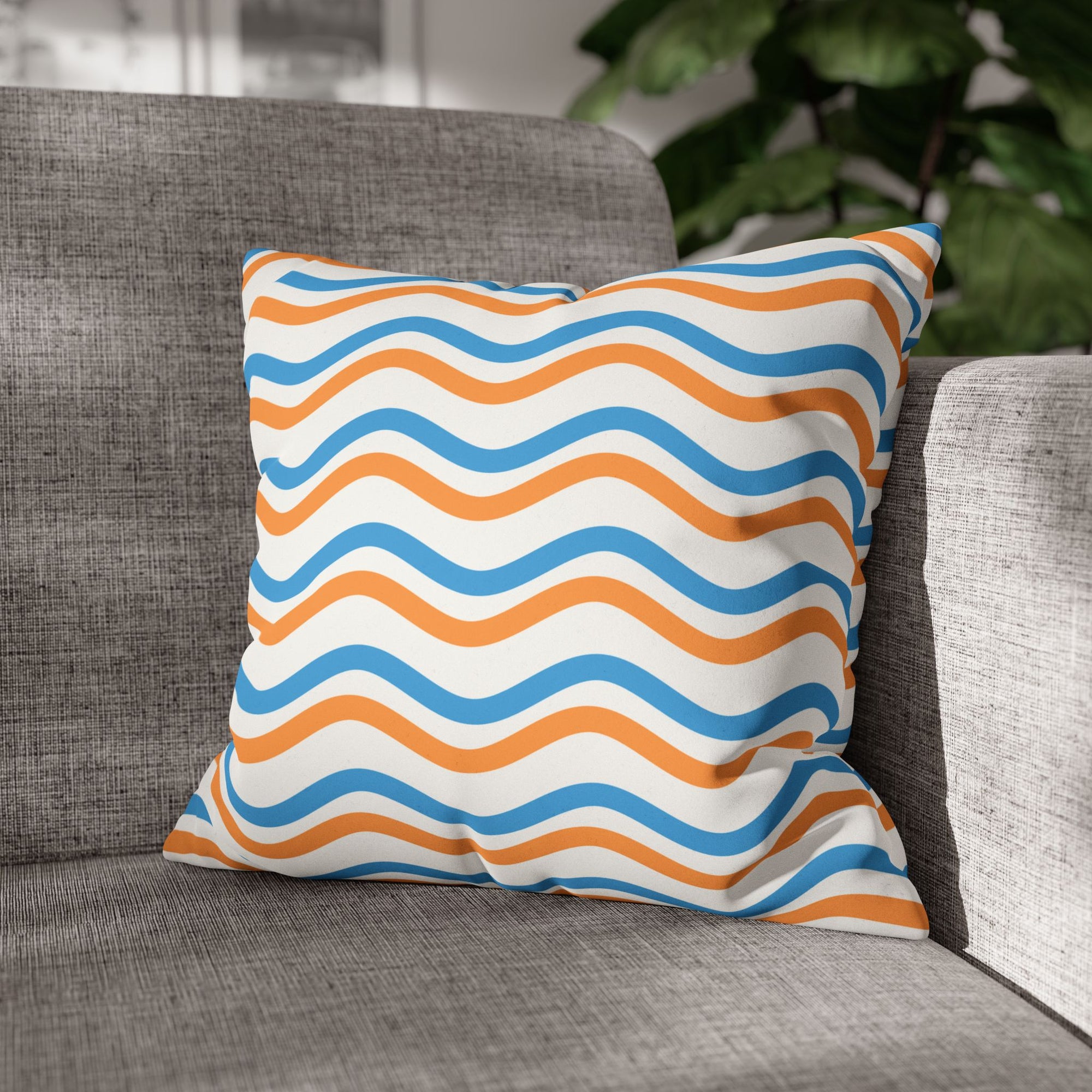 Wavy Orange & Blue Decorative Pillow - Faux Suede Square Pillowcase