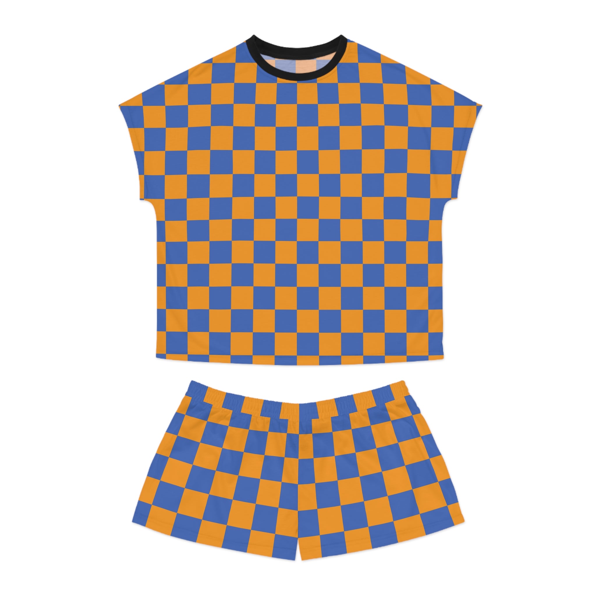 Checkerboard Short Pajama Set — Women's Cozy Blue & Orange Sleepwear