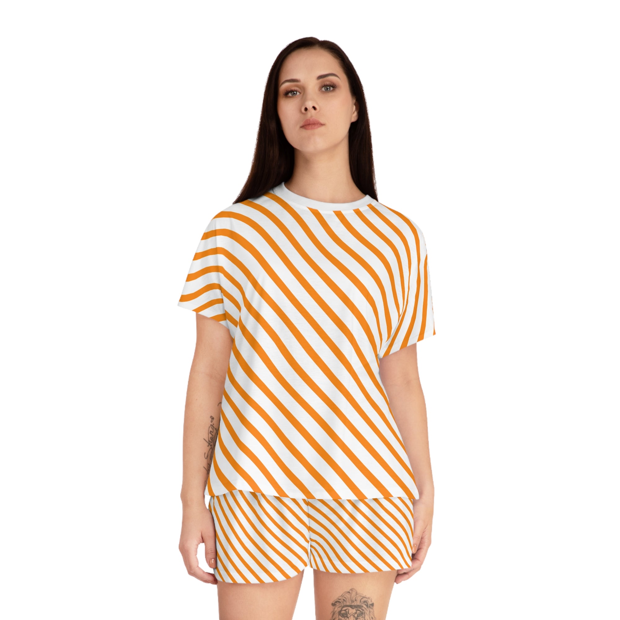 Orange Diagonal Stripe Women's Short Pajama Set — Cozy Summer Lounge Shorts & Tee