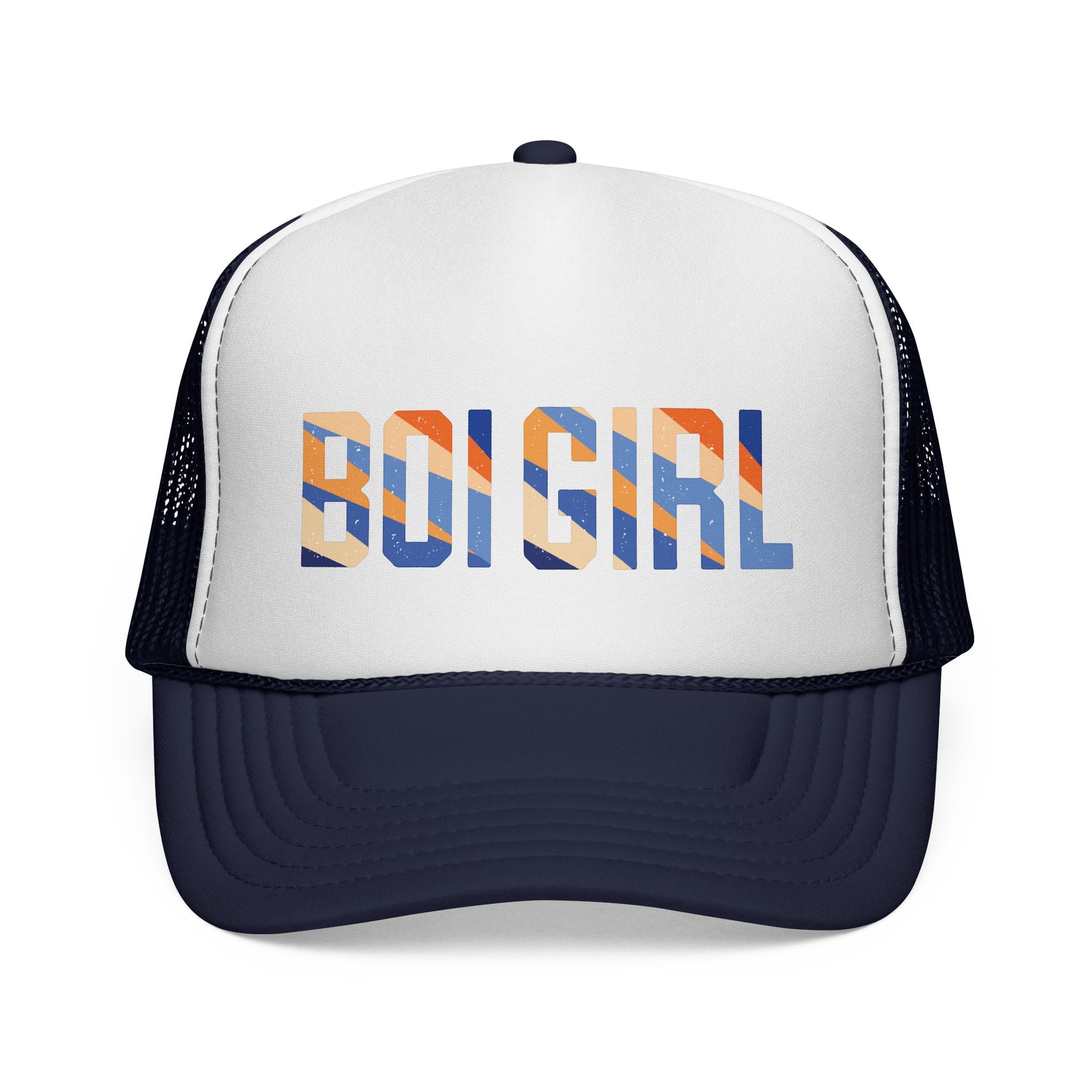 Boi girl Trucker Cap — Retro Blue Stripes Graphic Truckers Hat