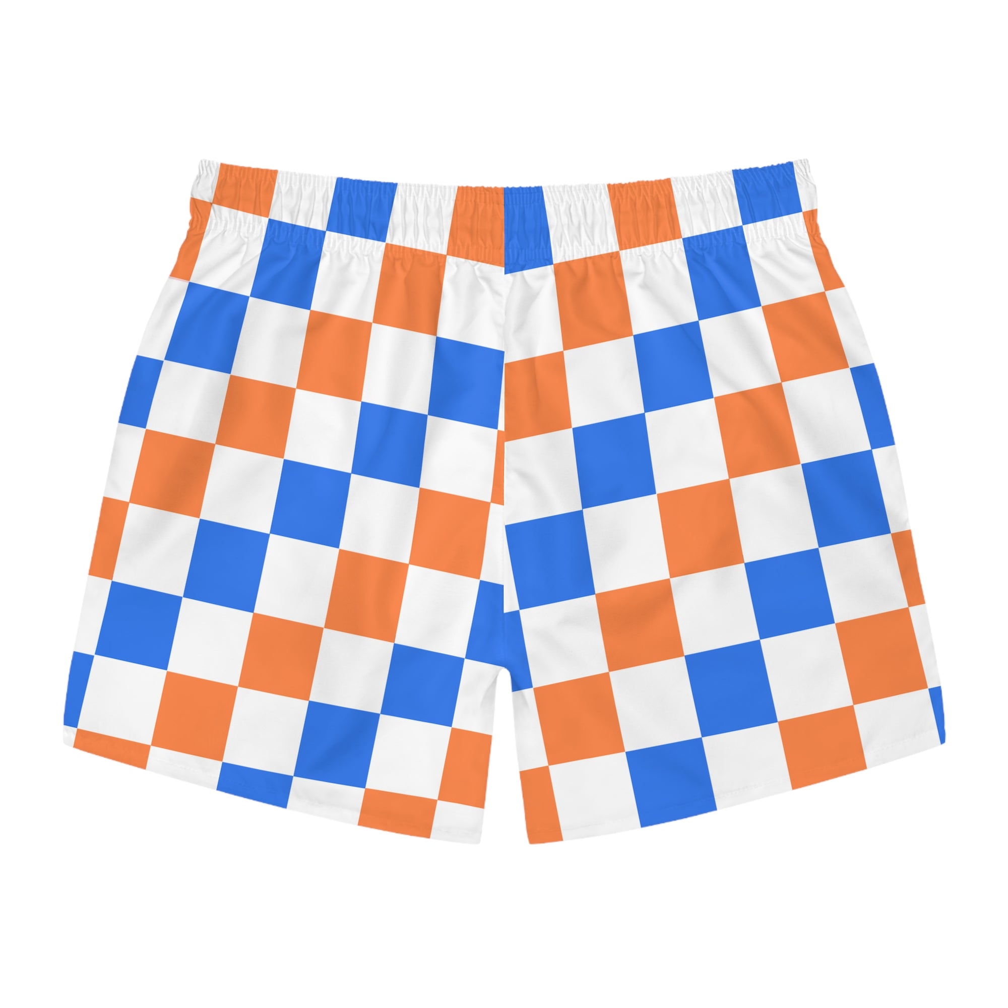 Blue and Orange Checkerboard Swim Trunks — Orange & Blue Patterned Swim Shorts
