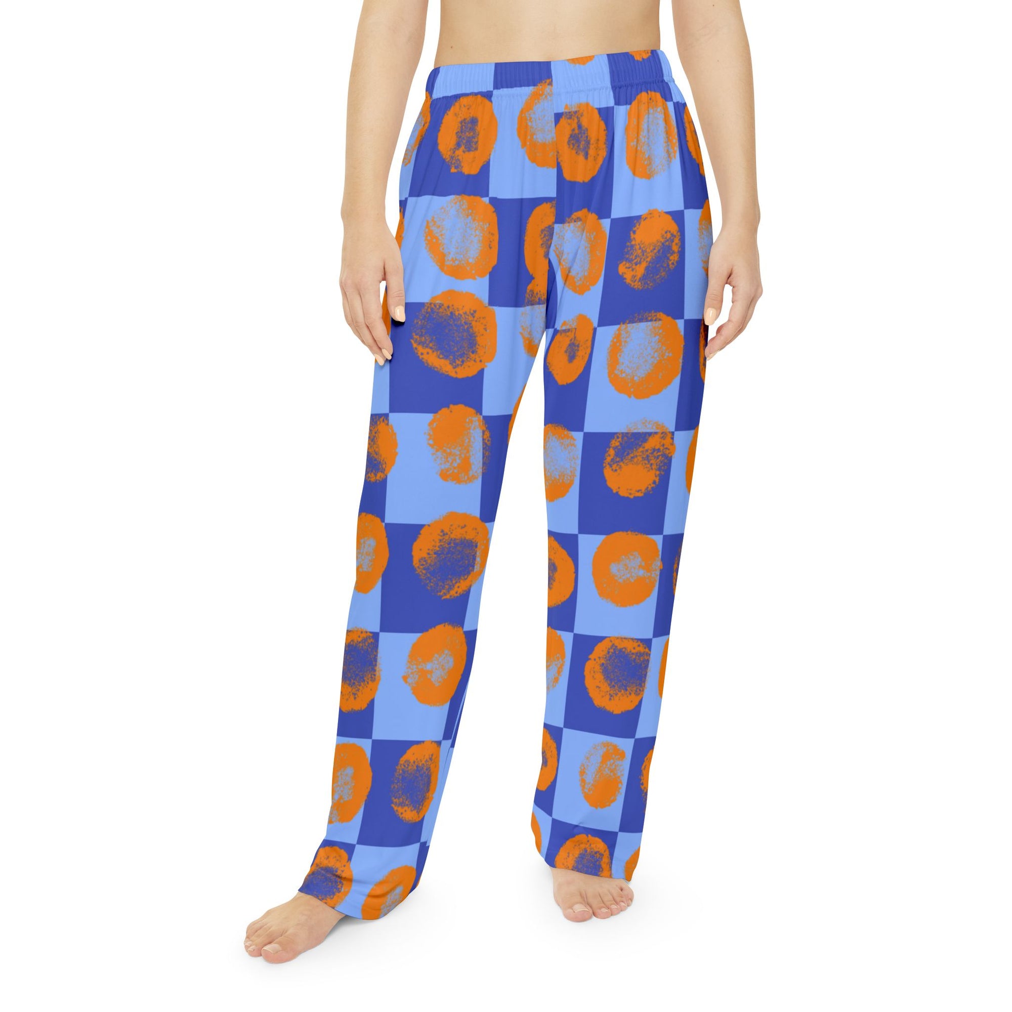 Blue Checkered Women's Pajama Pants with Orange Brushstroke Circles — Cozy Sleepwear