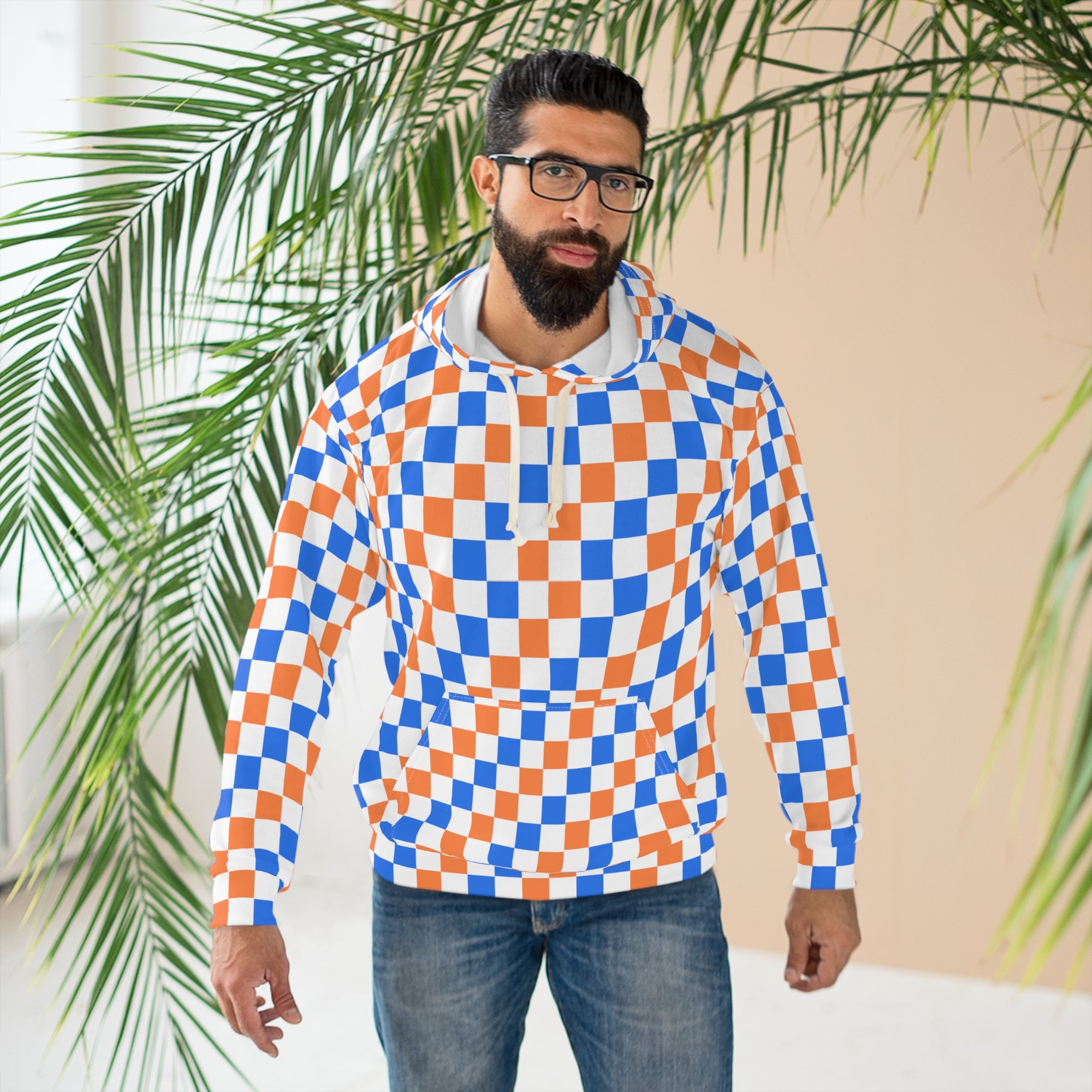Checkerboard Orange & Blue All-Over Print Hoodie