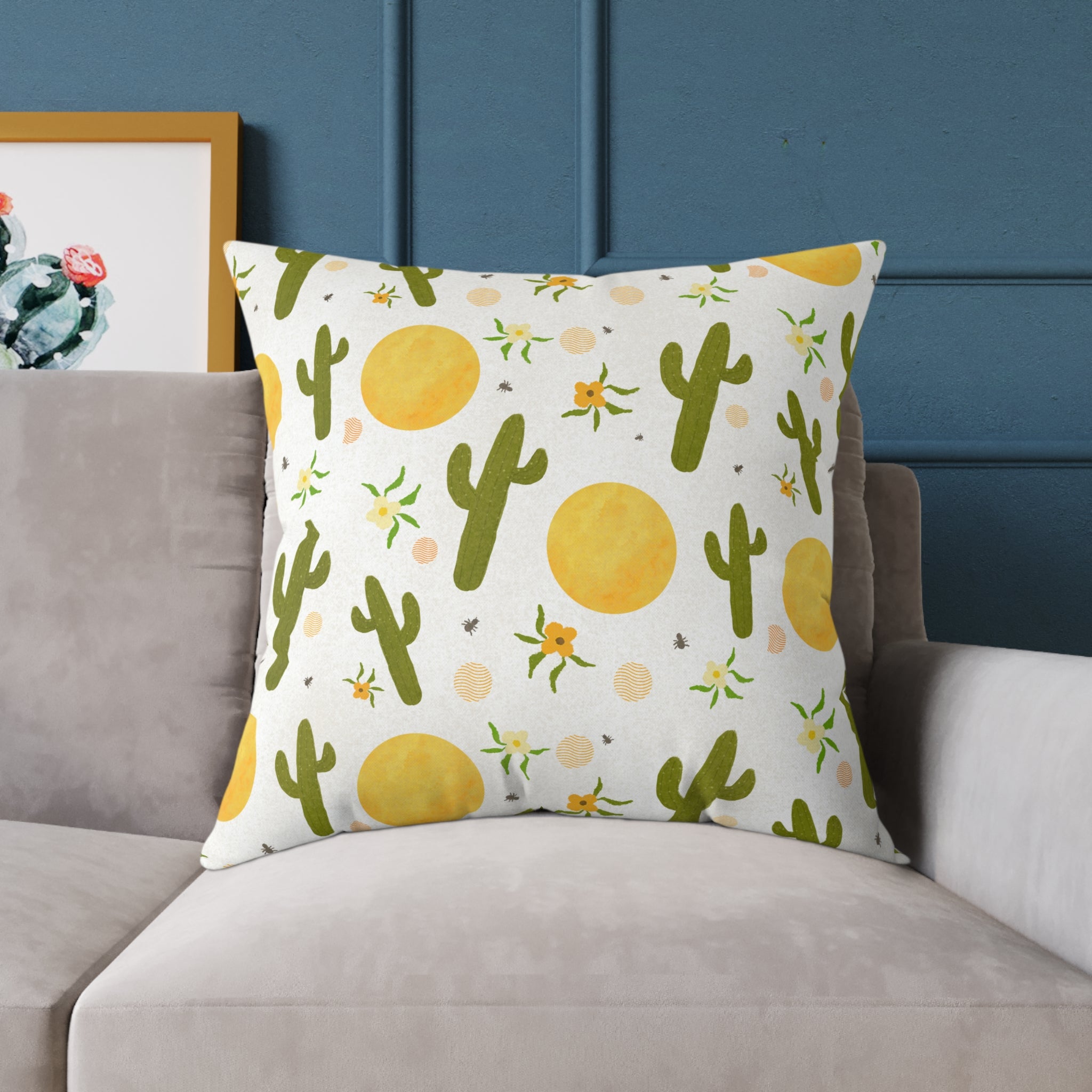 Desert Sunshine Cactus Pattern Pillow — Square Decorative Throw Pillow