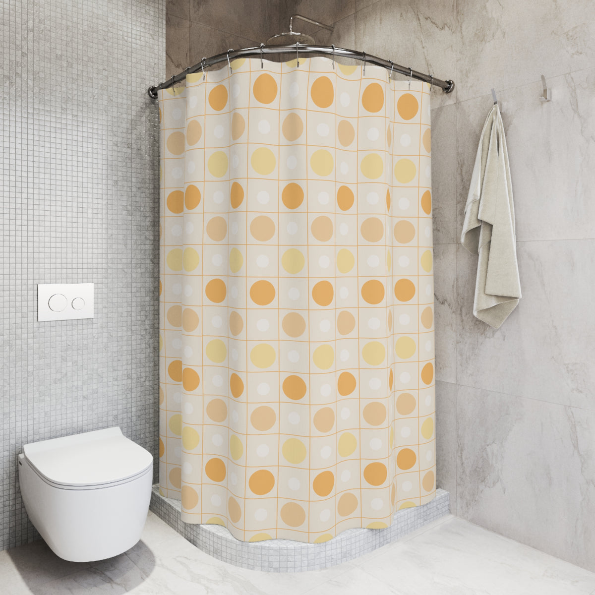 Retro Orange Dot Shower Curtain — Mid-Century Geometric Bathroom Decor