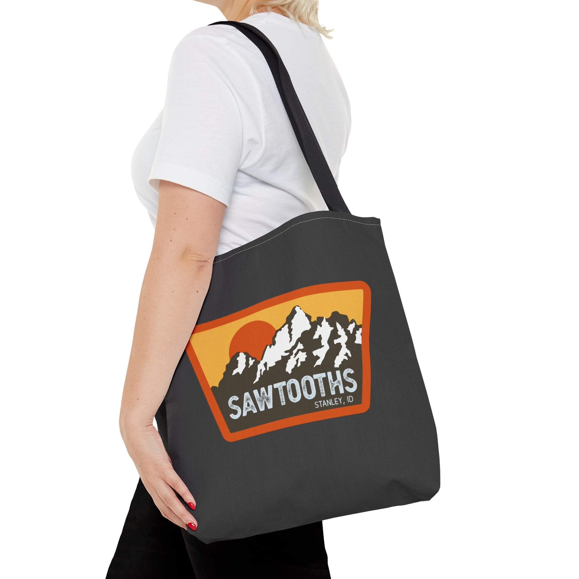 Sawtooths Mountain Tote Bag – Retro Sunset Hiking Graphic Tote