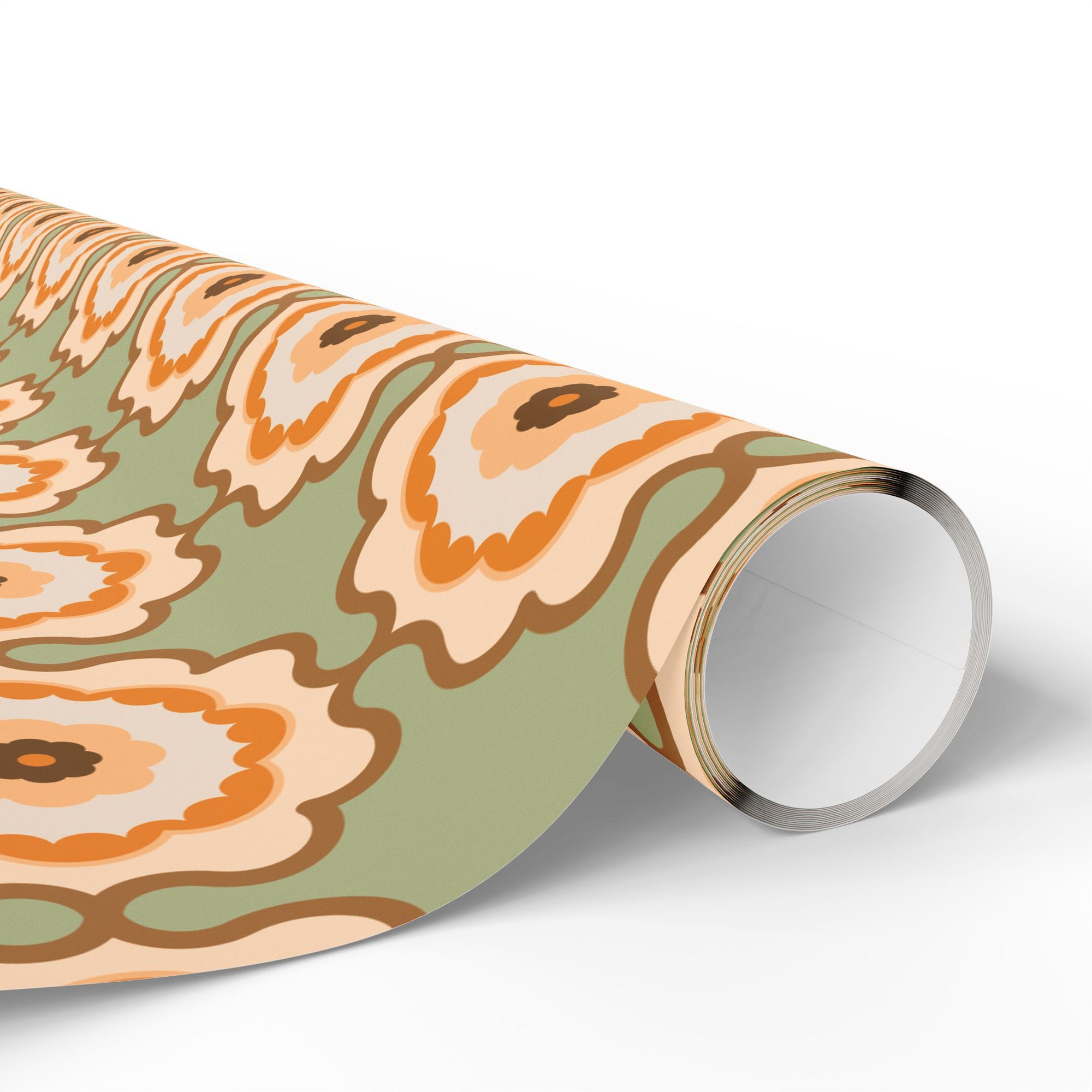 Retro Floral Wrapping Paper Roll — Vintage Orange & Olive Gift Wrap