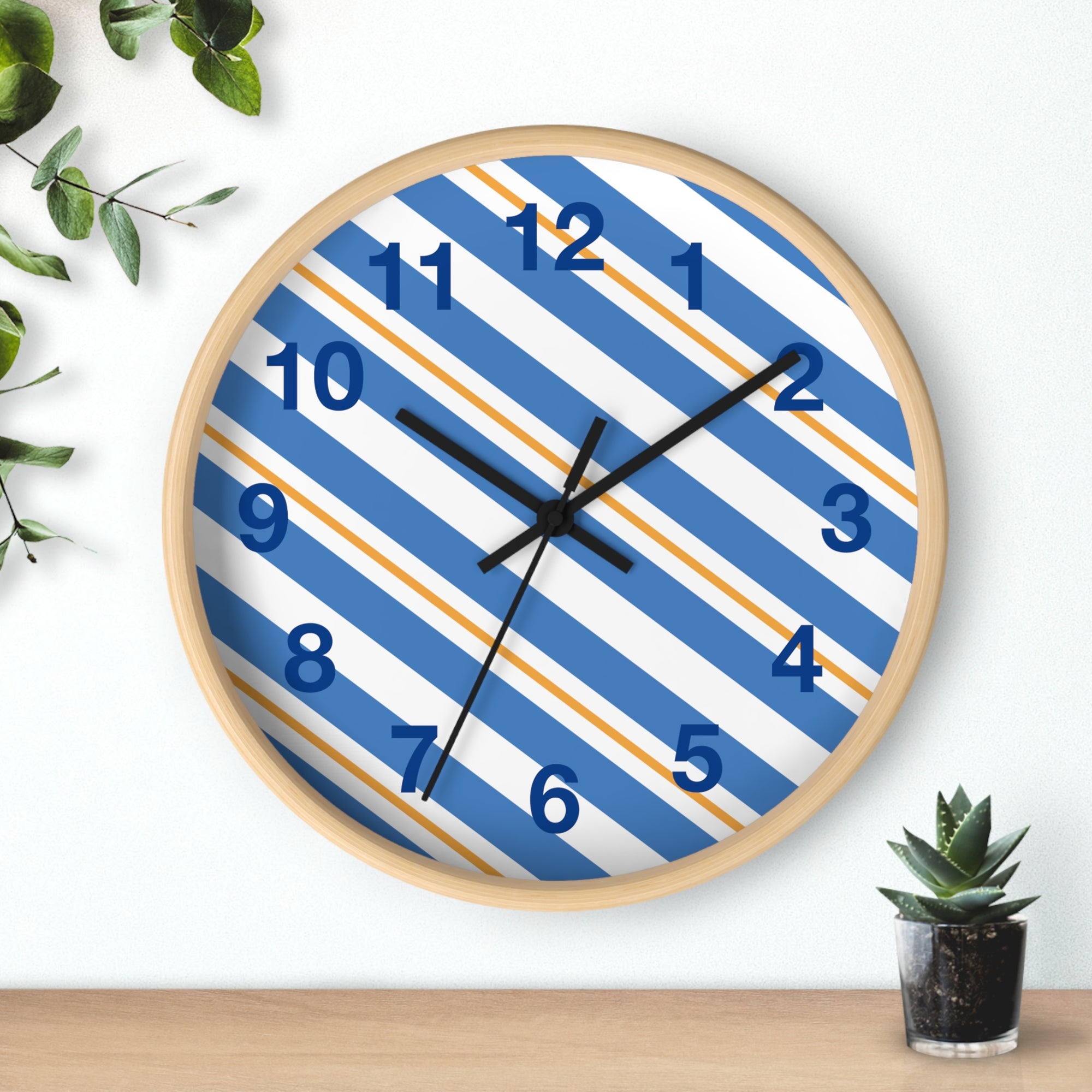 Diagonal Blue & Orange Striped Wall Clock — Modern Nautical Home Decor