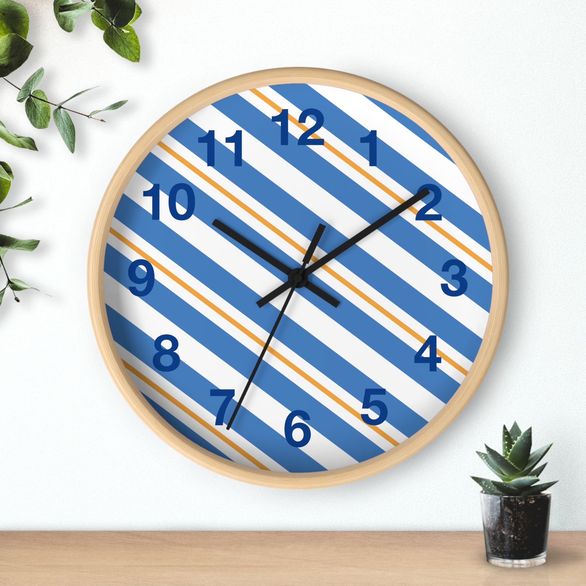 Diagonal Blue & Orange Striped Wall Clock — Modern Nautical Home Decor