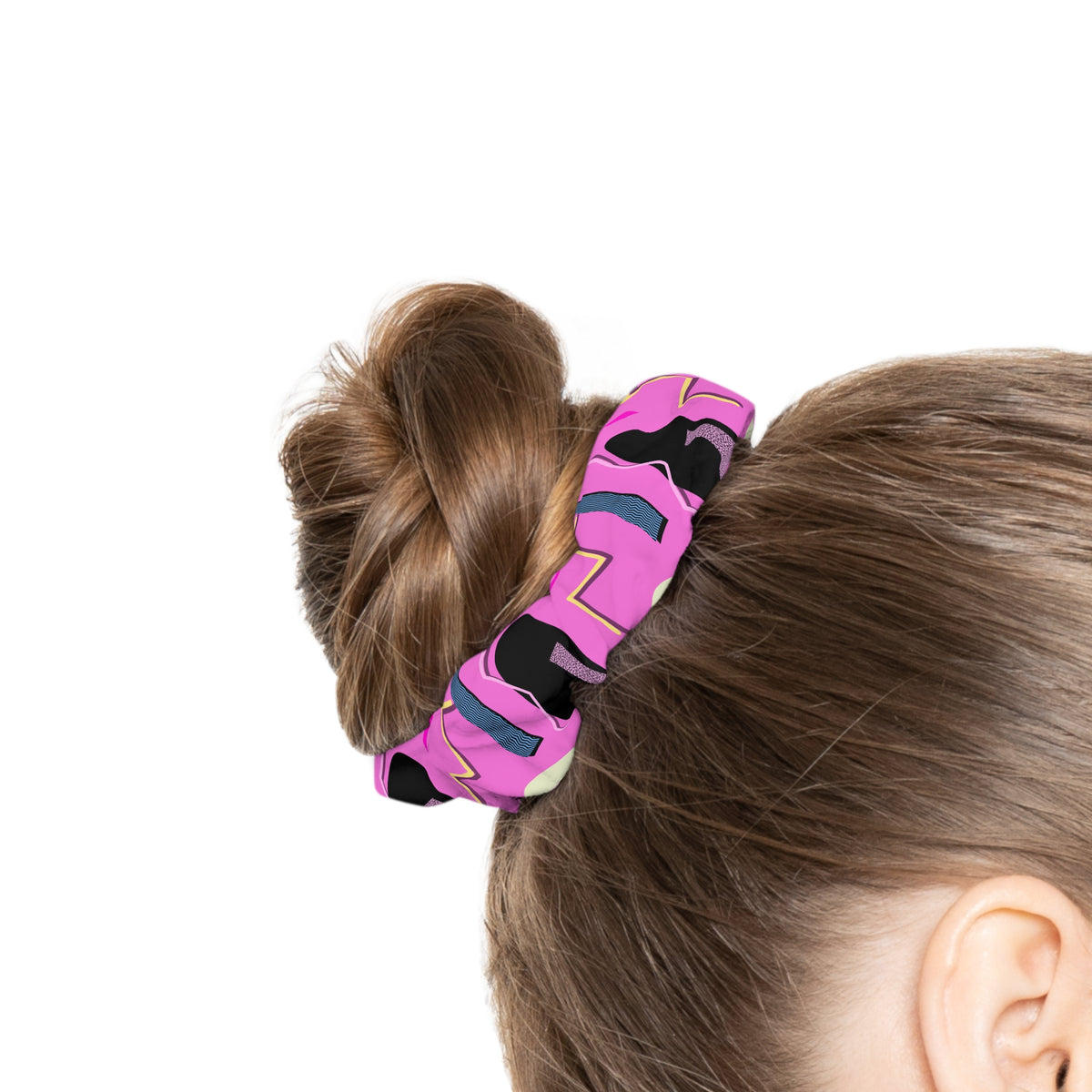 Pink Retro Abstract Scrunchie — 80s Neon Pattern Hair Accessory