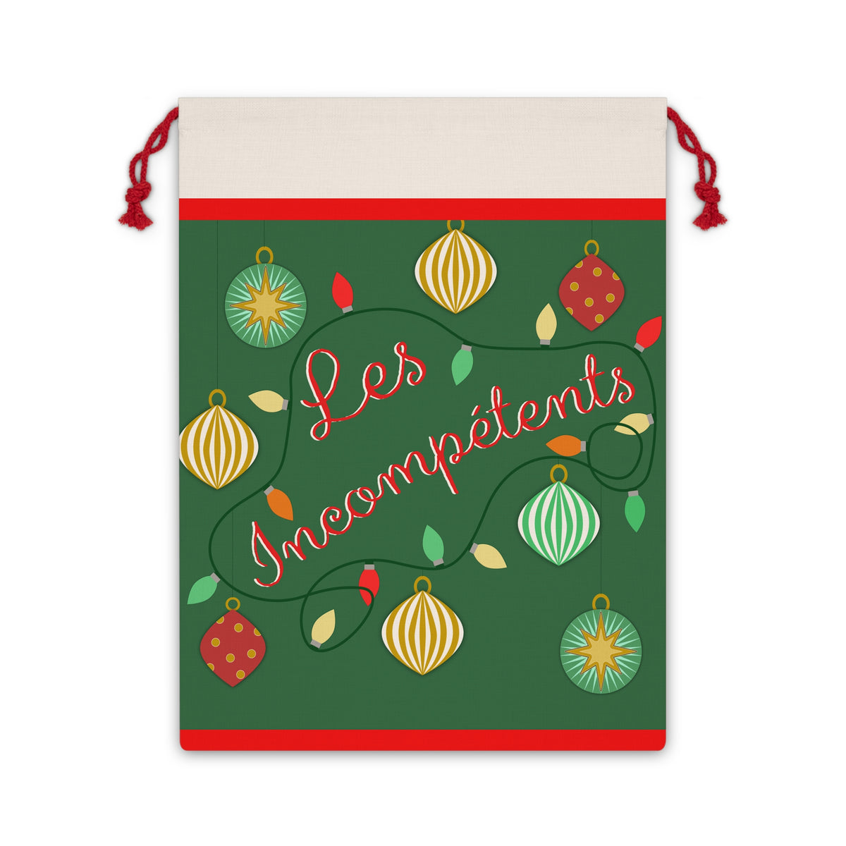 Green Les Incompétents drawstring Christmas gift bag with retro ornaments