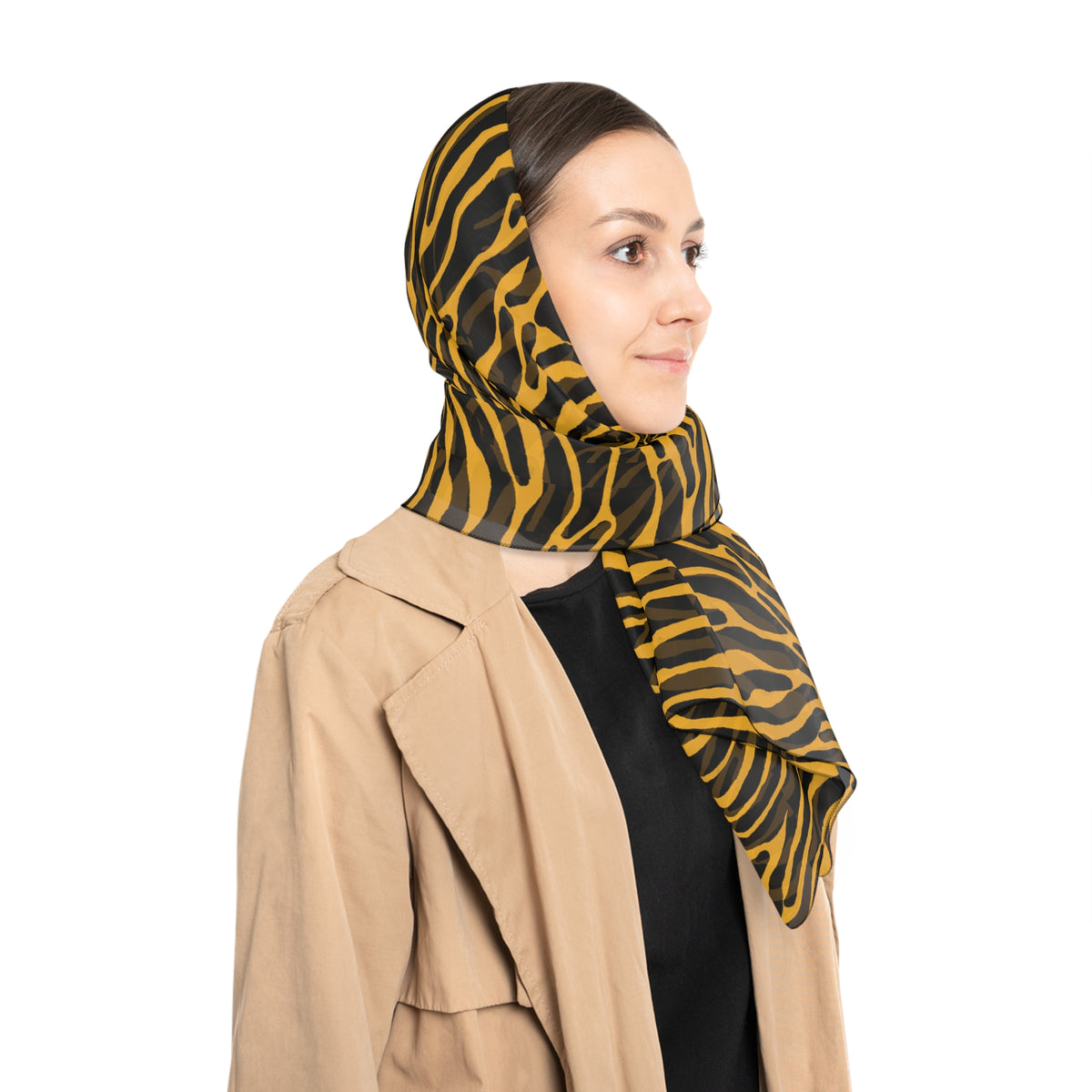 Animal Print Scarf — Yellow Black Zebra Pattern Poly Scarf