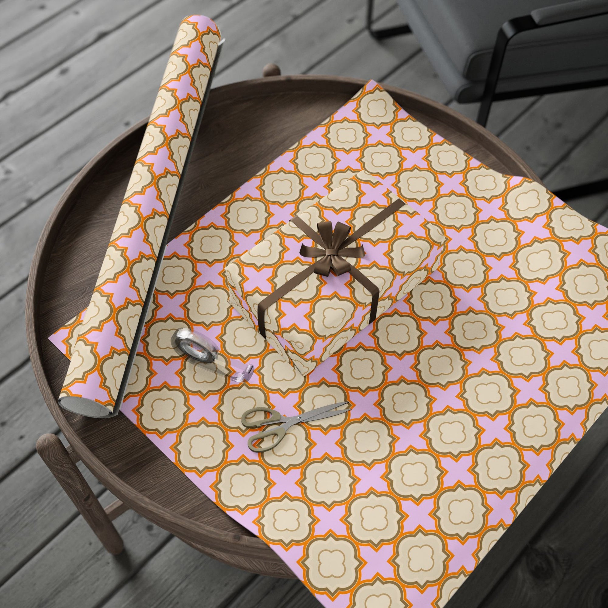 Wrapping Paper Roll – Retro Floral Geometric Pattern in Peach & Pink